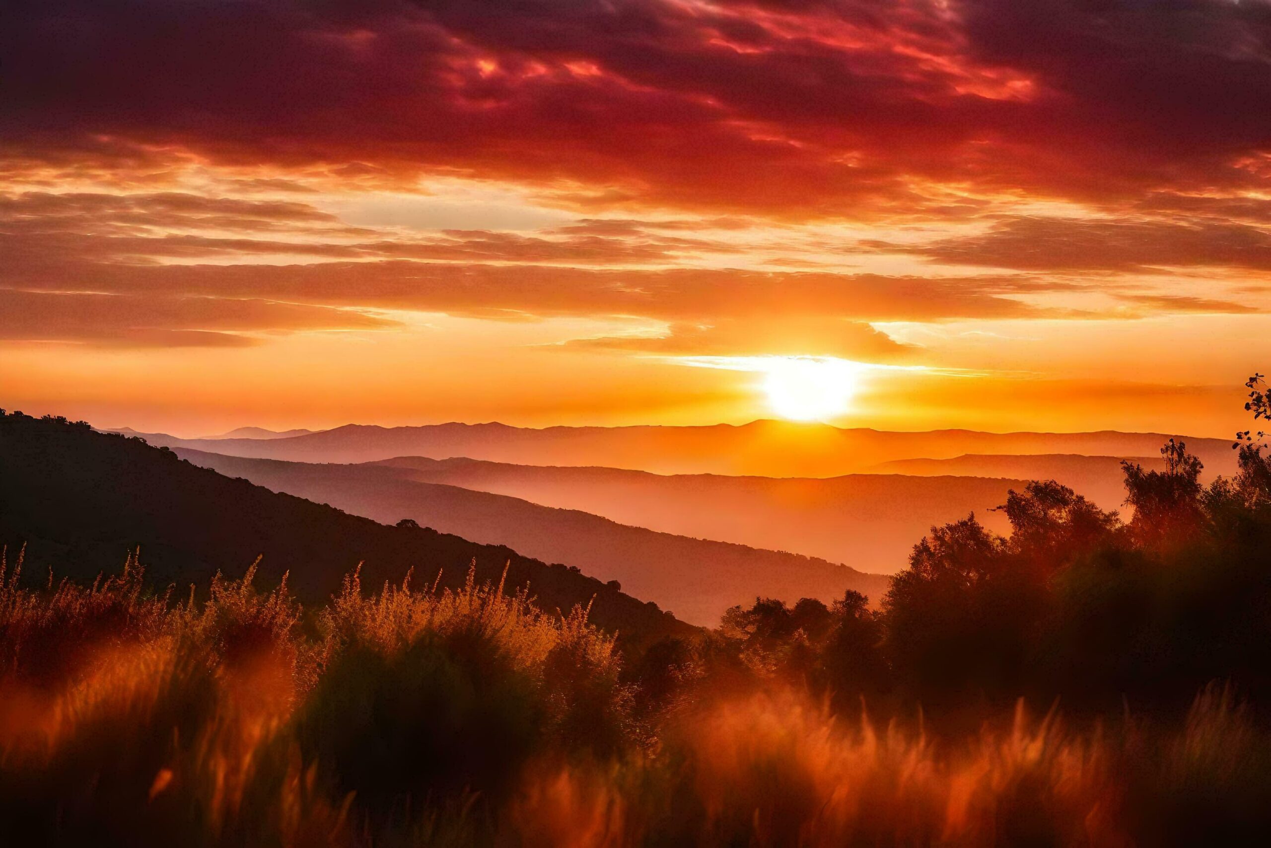 the sun sets over a mountain range Free Photo