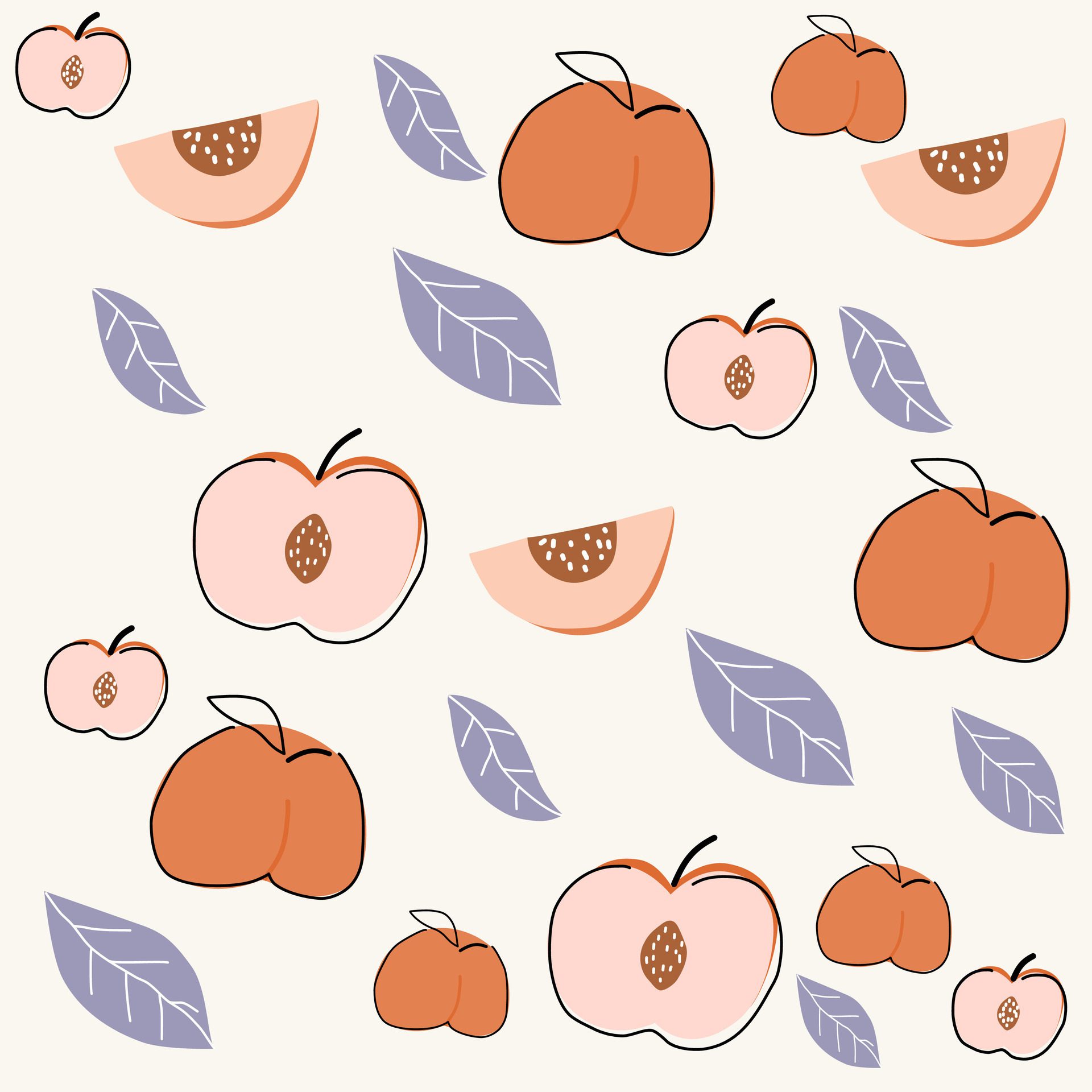 Cute Hand Drawn Peach Pattern. Peach fruit pattern. Fruit Background Free Vector