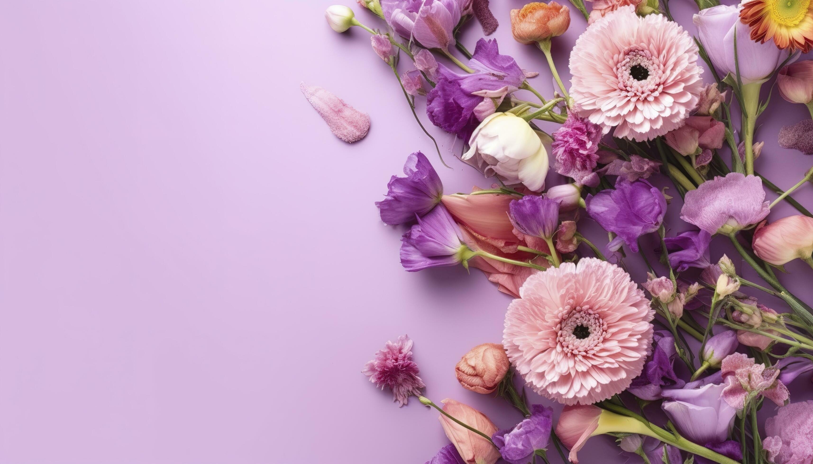 multicolored spring flowers on purple background , generate ai Stock Free