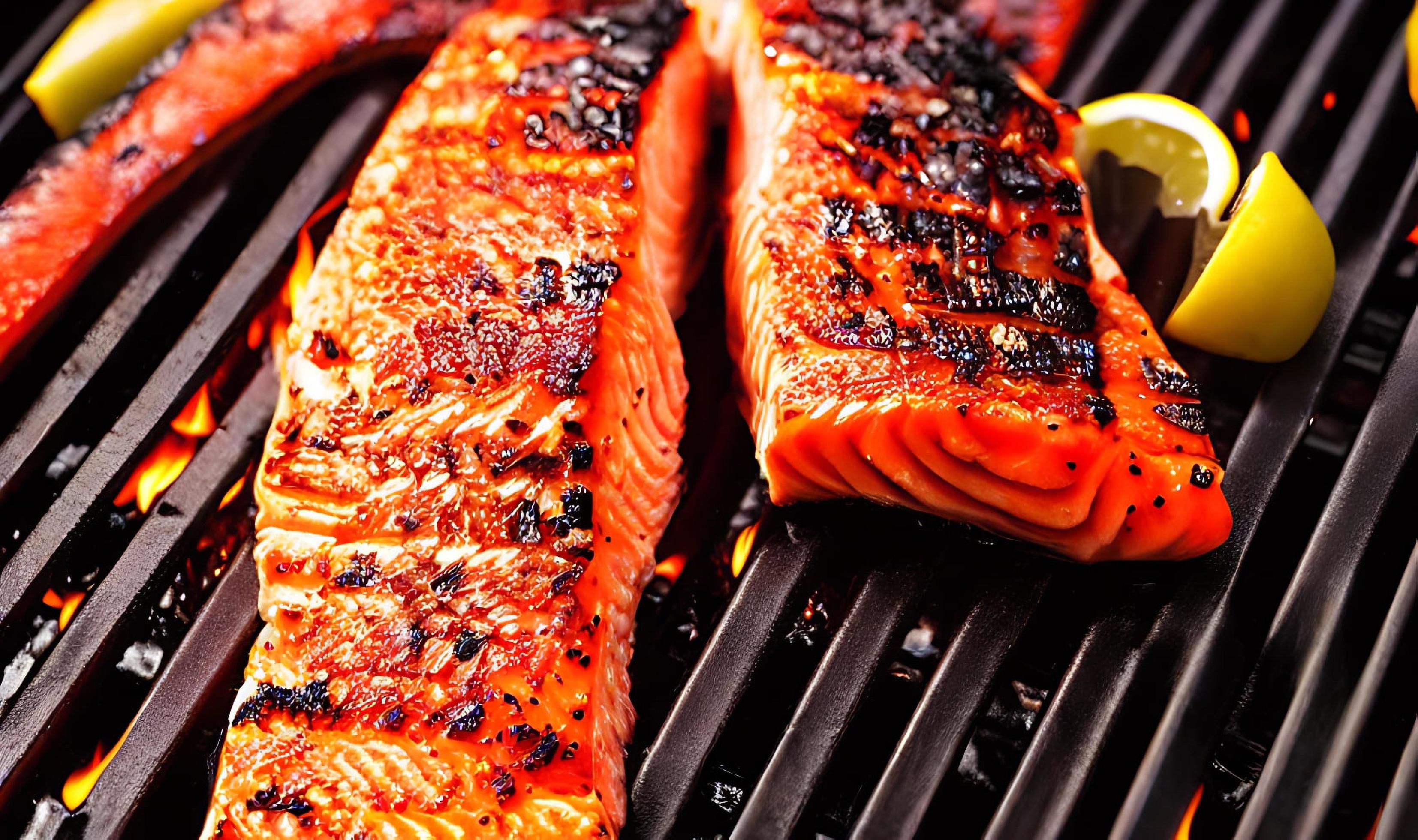 Grilled salmon. Healthy food baked salmon. Hot fish dish. Stock Free