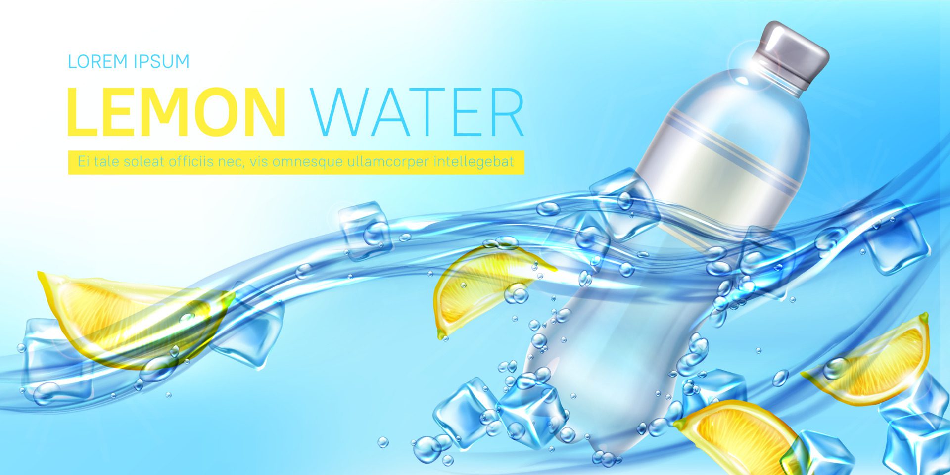 Lemon water ad banner, blank bottle with drink Free Vector