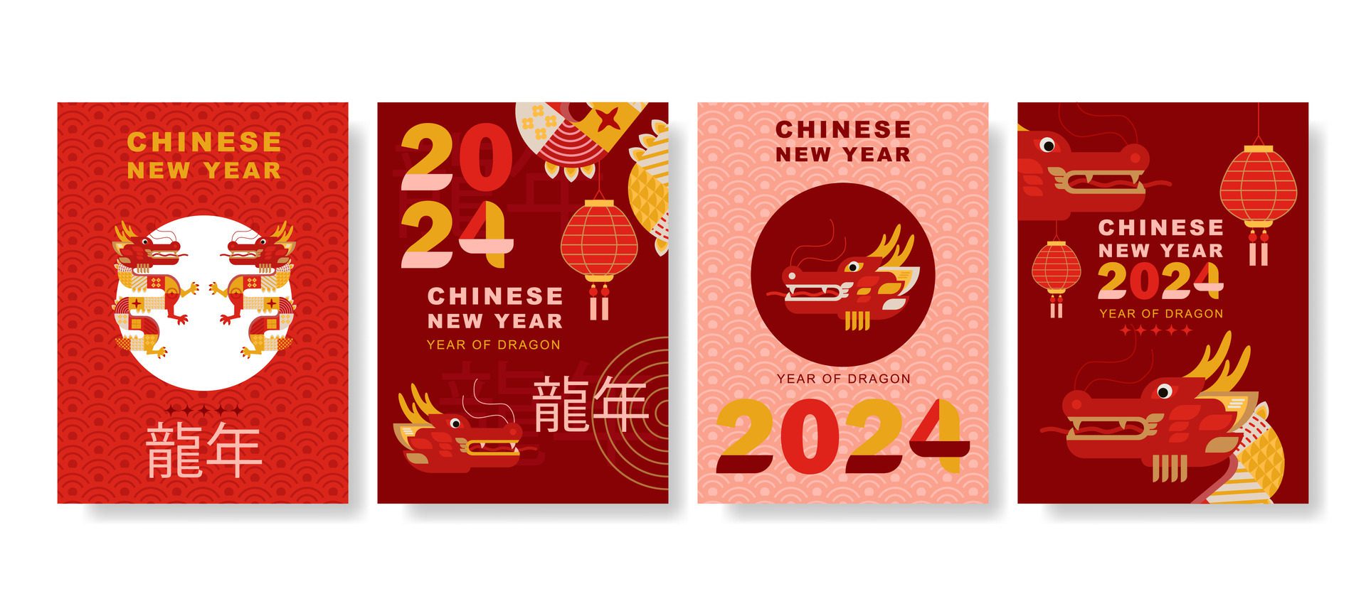 modern art Chinese New Year 2024 design set in red, gold and white colors for cover, card, poster, banner Free Vector