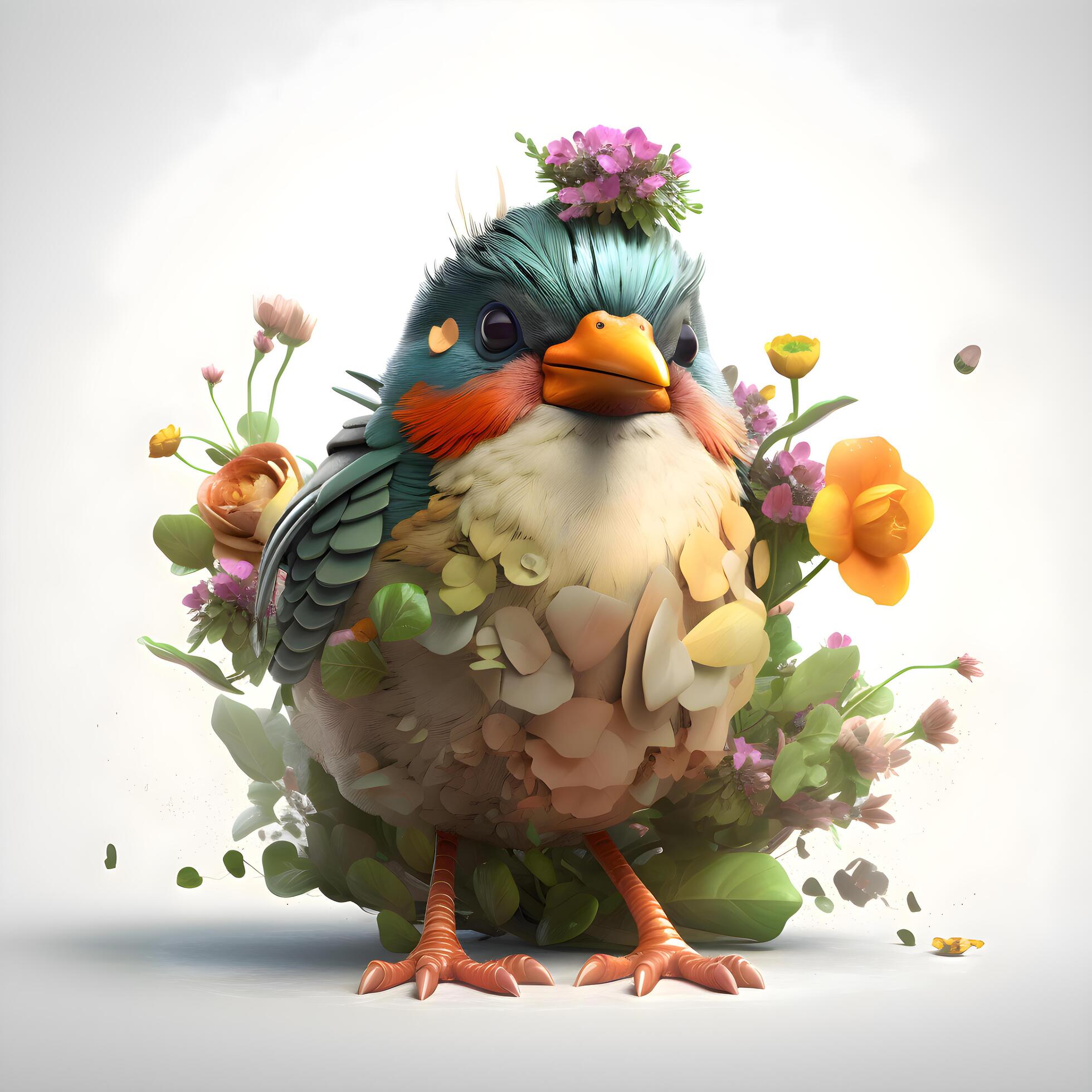 3D digital render of a cute bird with flowers isolated on white background, Image Stock Free