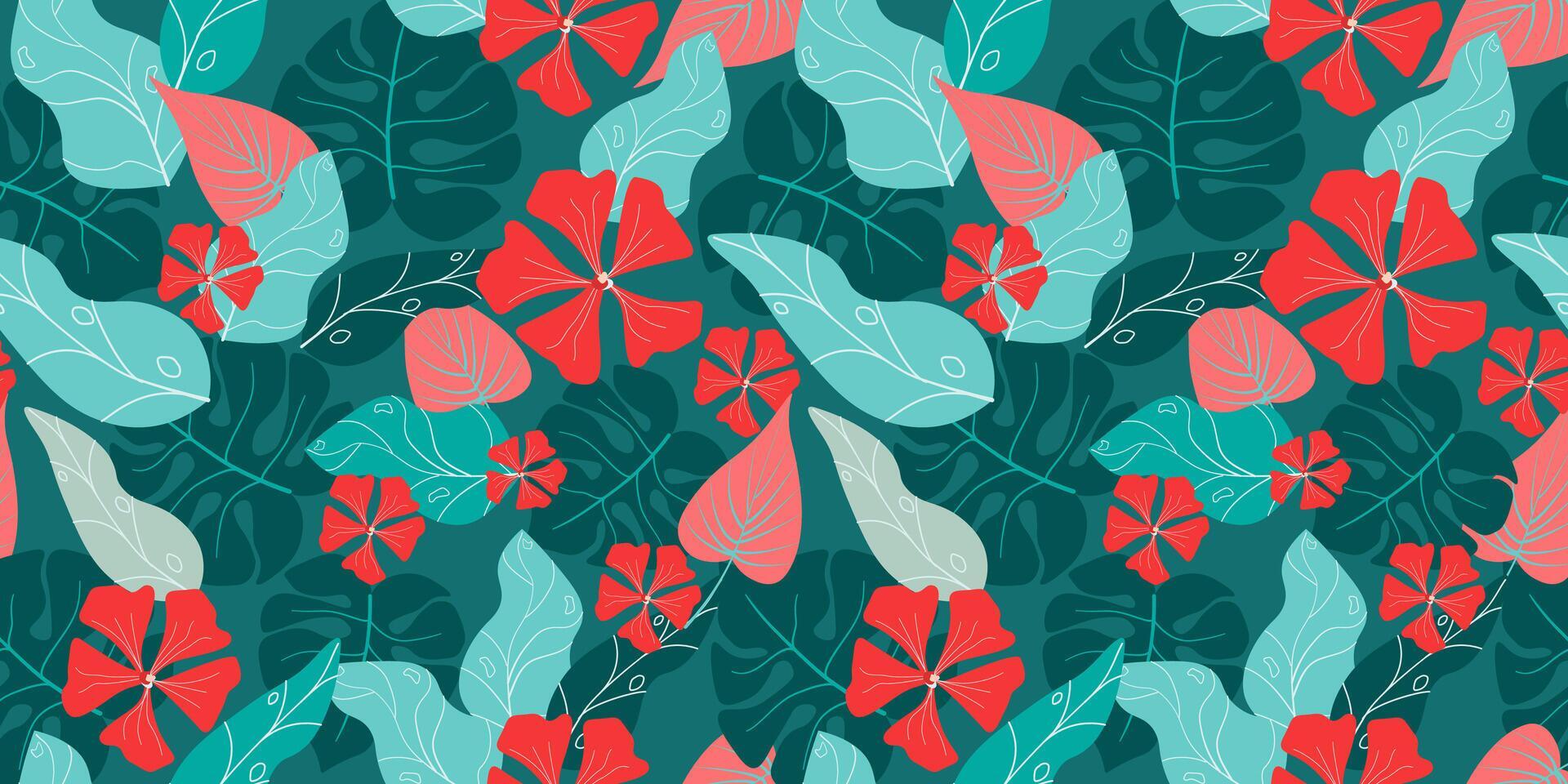 Seamless pattern with exotic flowers, leaves, monstera, abstract shapes. Vector graphics. Stock Free