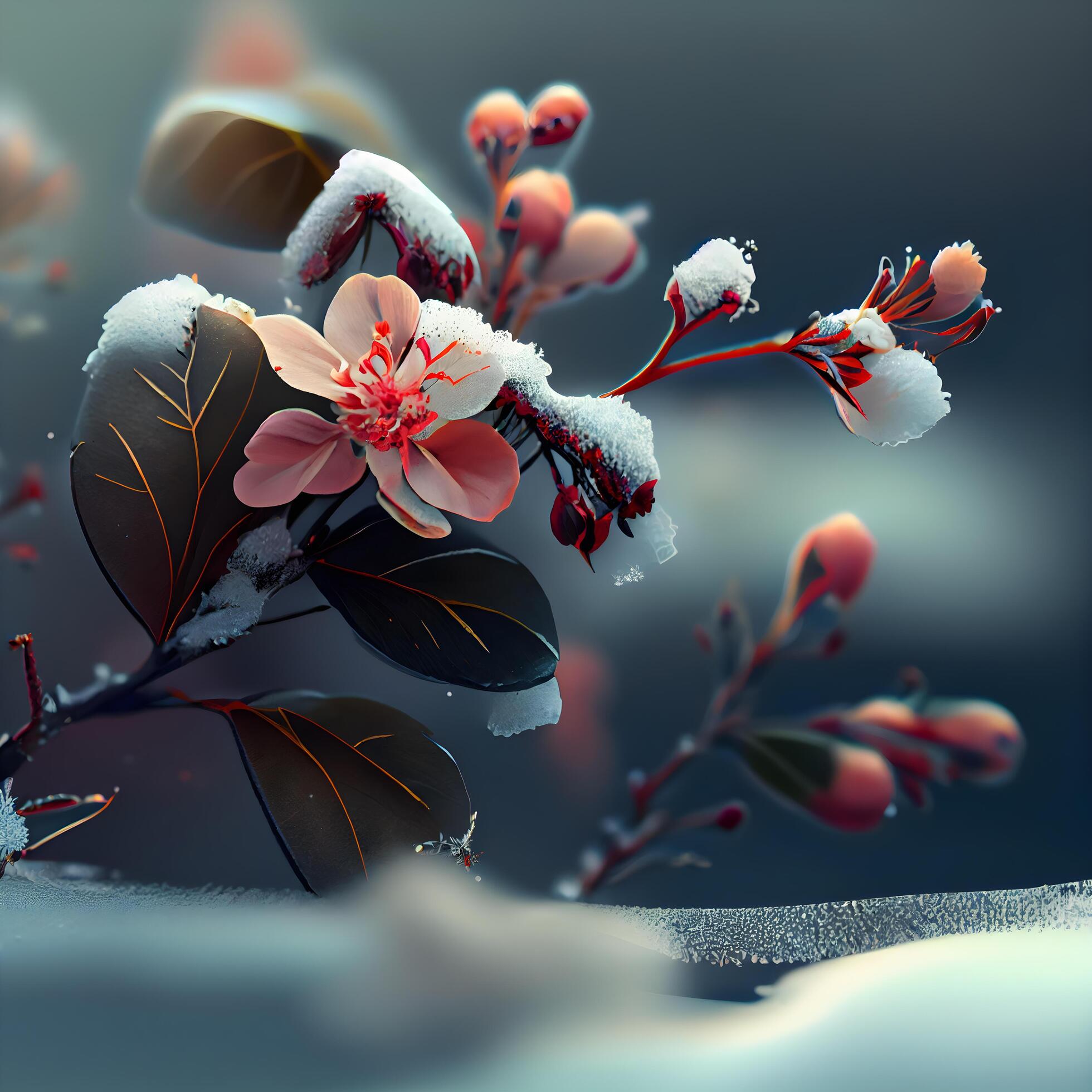 Winter background. Flowers in the snow. 3d rendering, 3d illustration., Image Stock Free