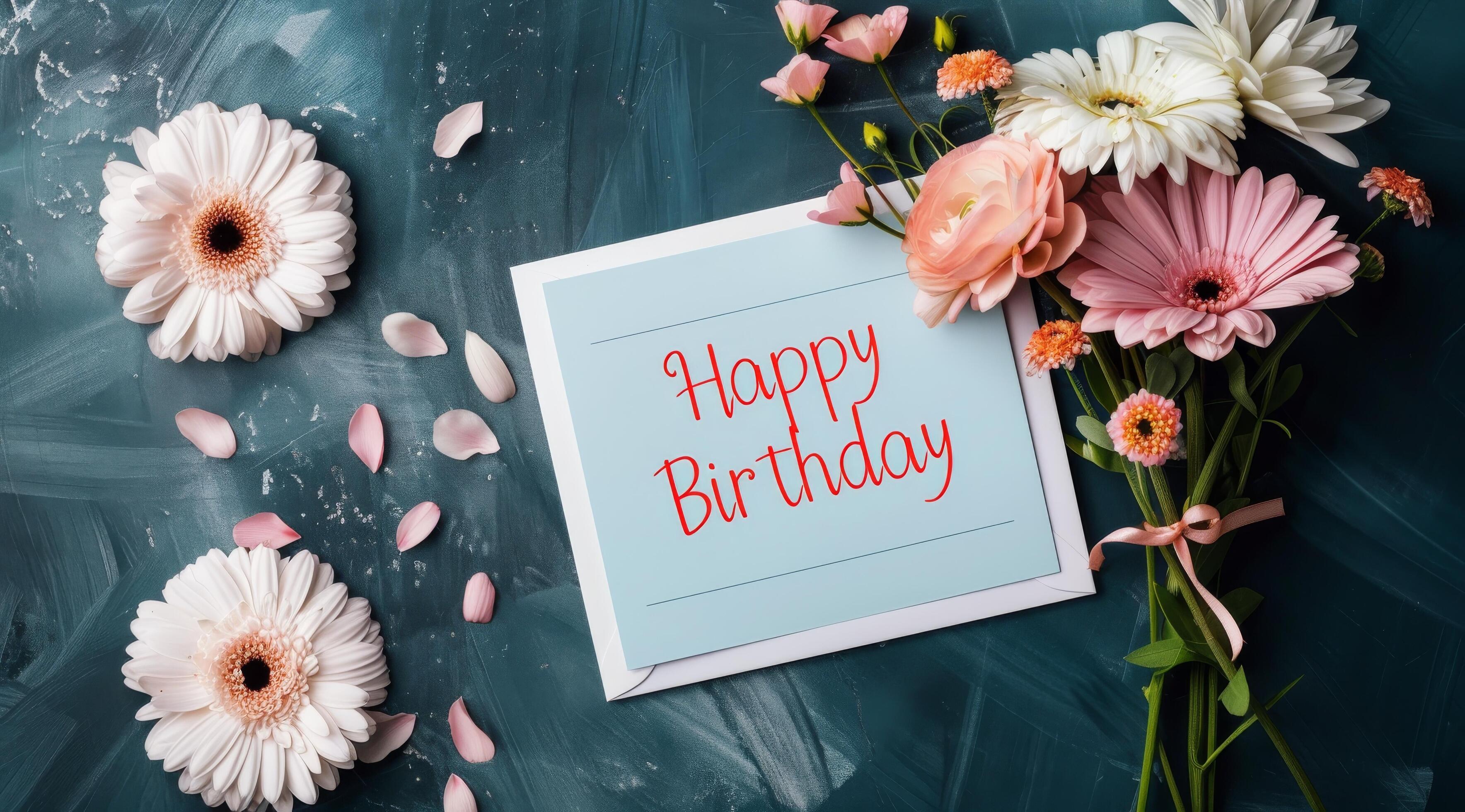 Happy Birthday Card Surrounded by Colorful Flowers on a Blue Background Stock Free