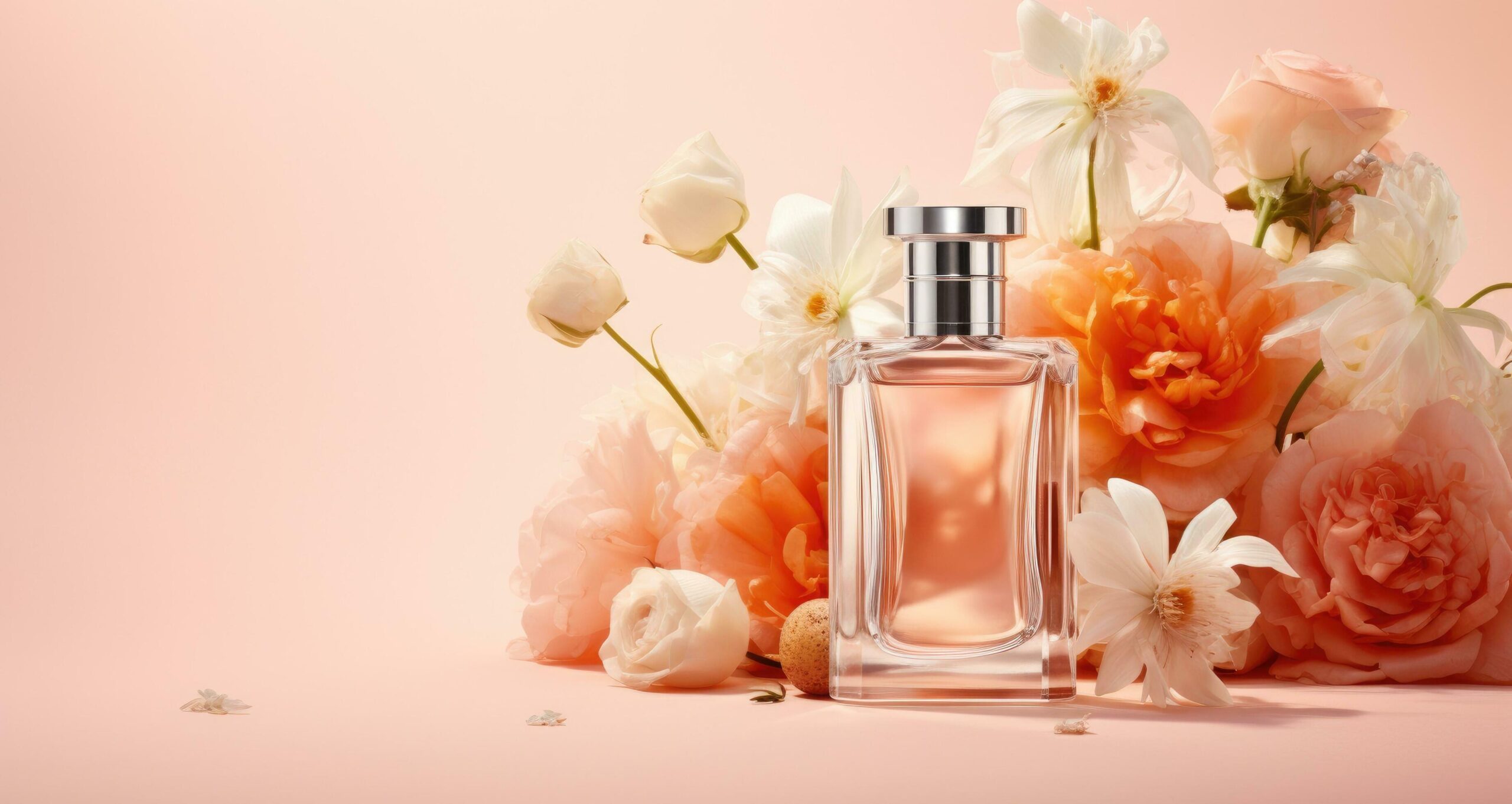 a bottle of perfume with flowers on a pink background Free Photo