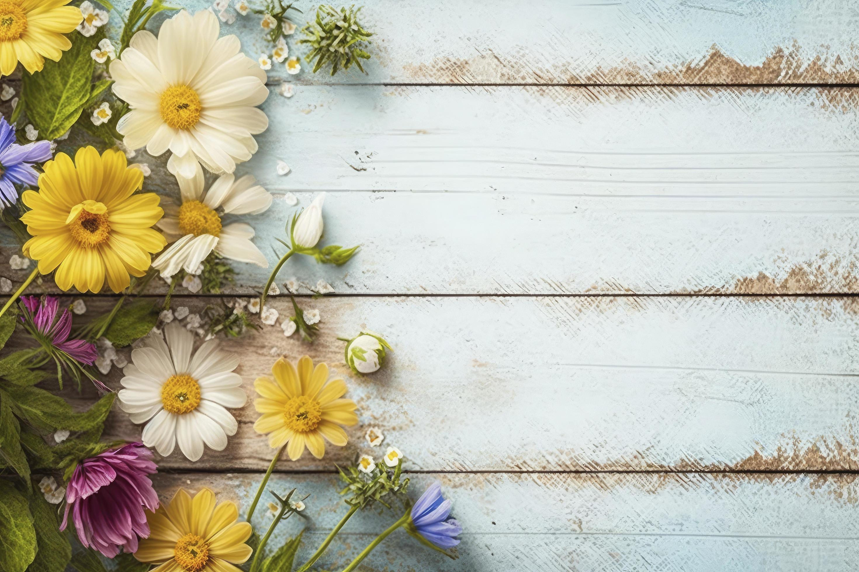 Garden flowers over wooden background stock photo Springtime, generate ai Stock Free