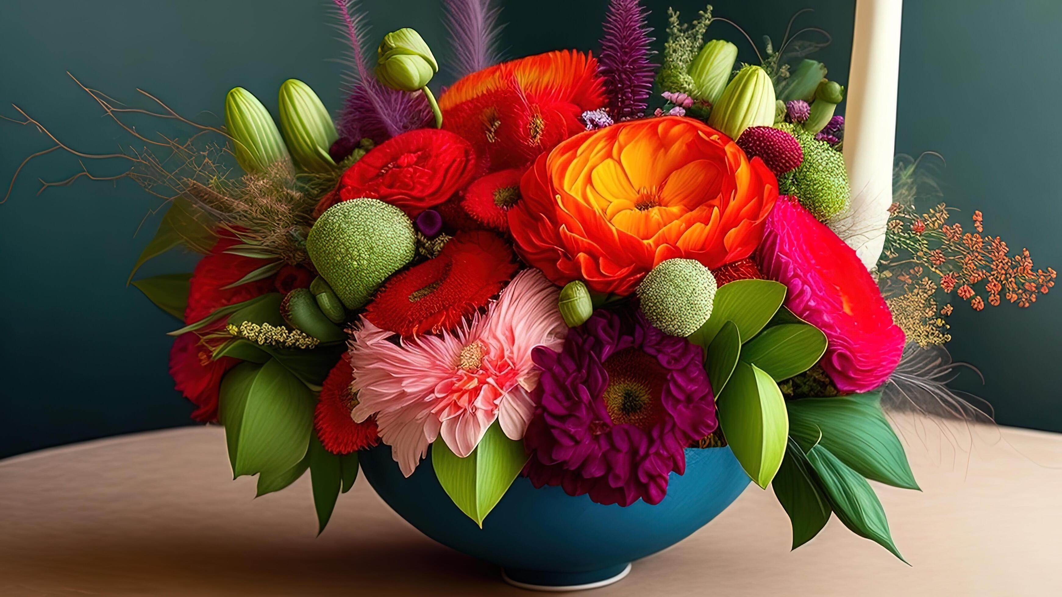 Colorful bouquet of flowers in a vase on the table. Stock Free