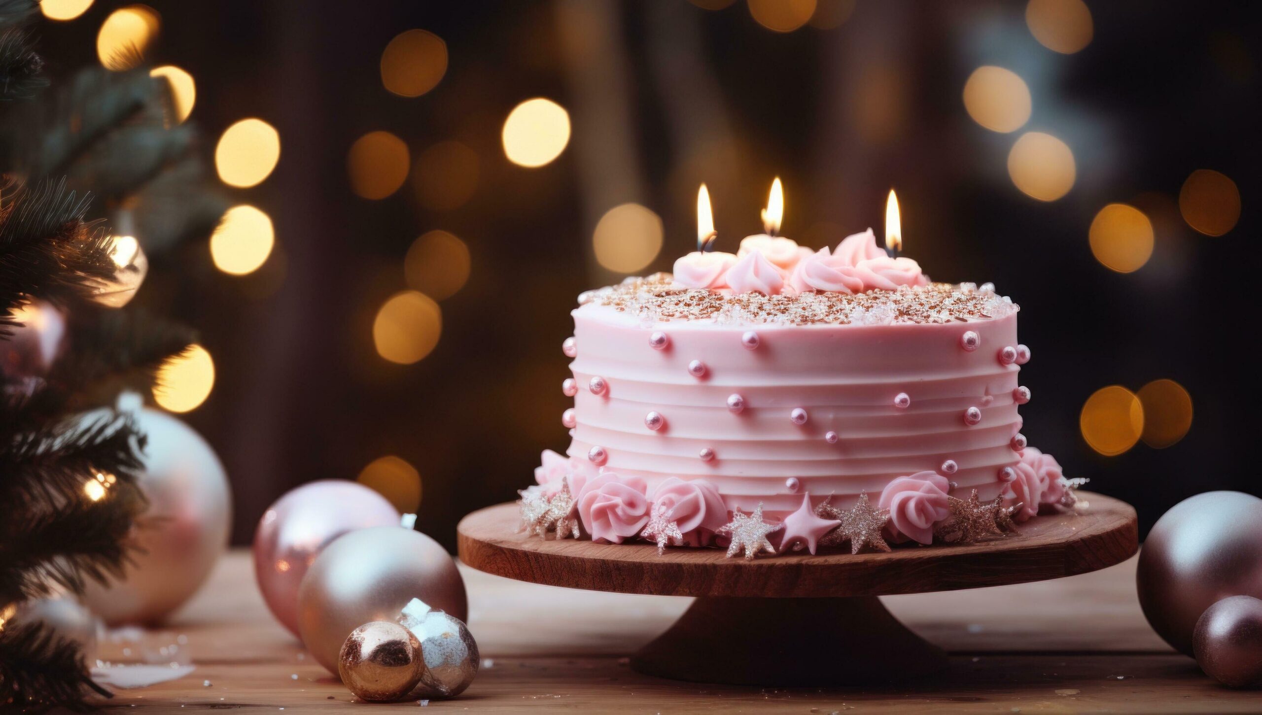 an elegant pink cake is sitting on a wooden plate with christmas lights in the background, Free Photo