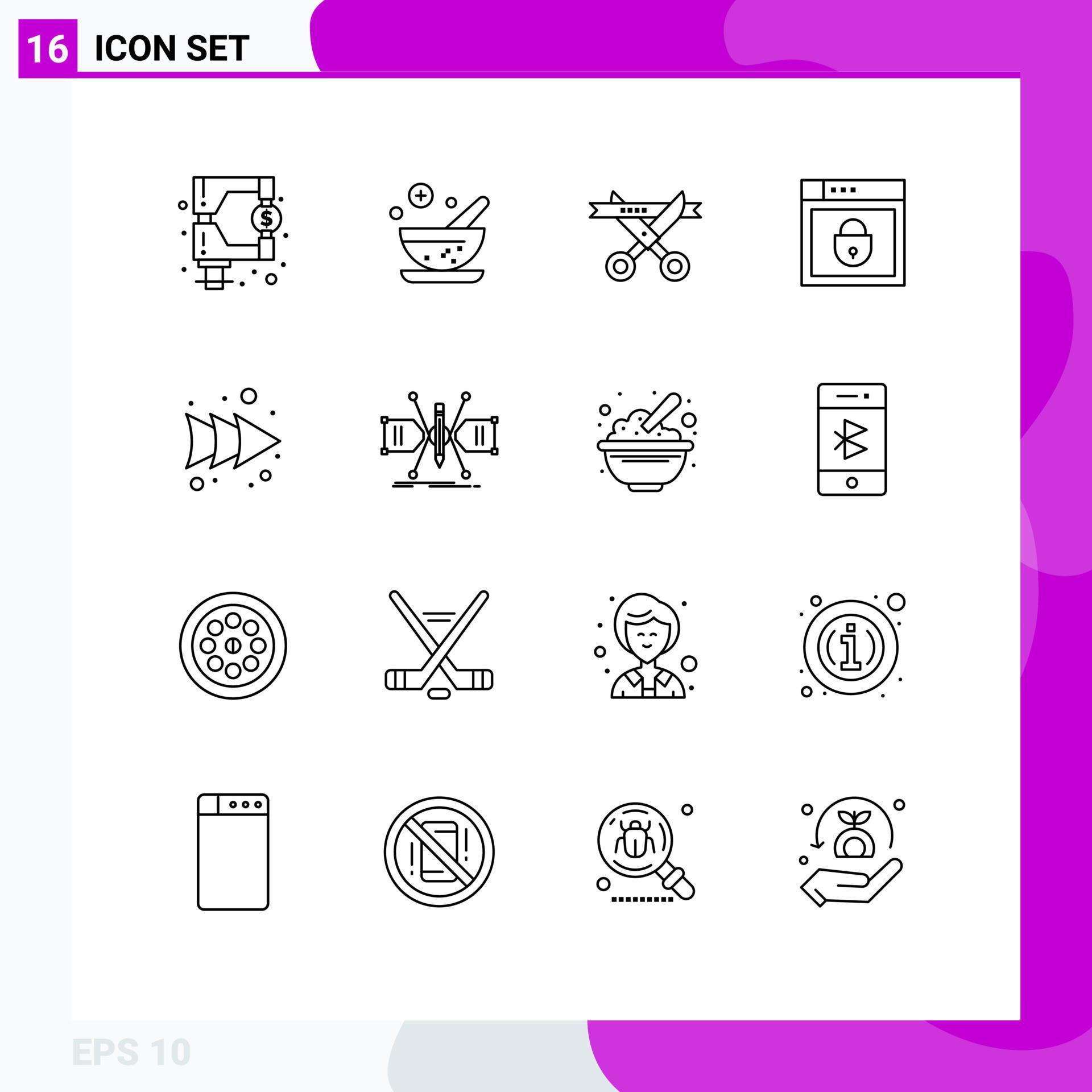 Pack of 16 Modern Outlines Signs and Symbols for Web Print Media such as right arrow ceremony web security password Editable Vector Design Elements Stock Free