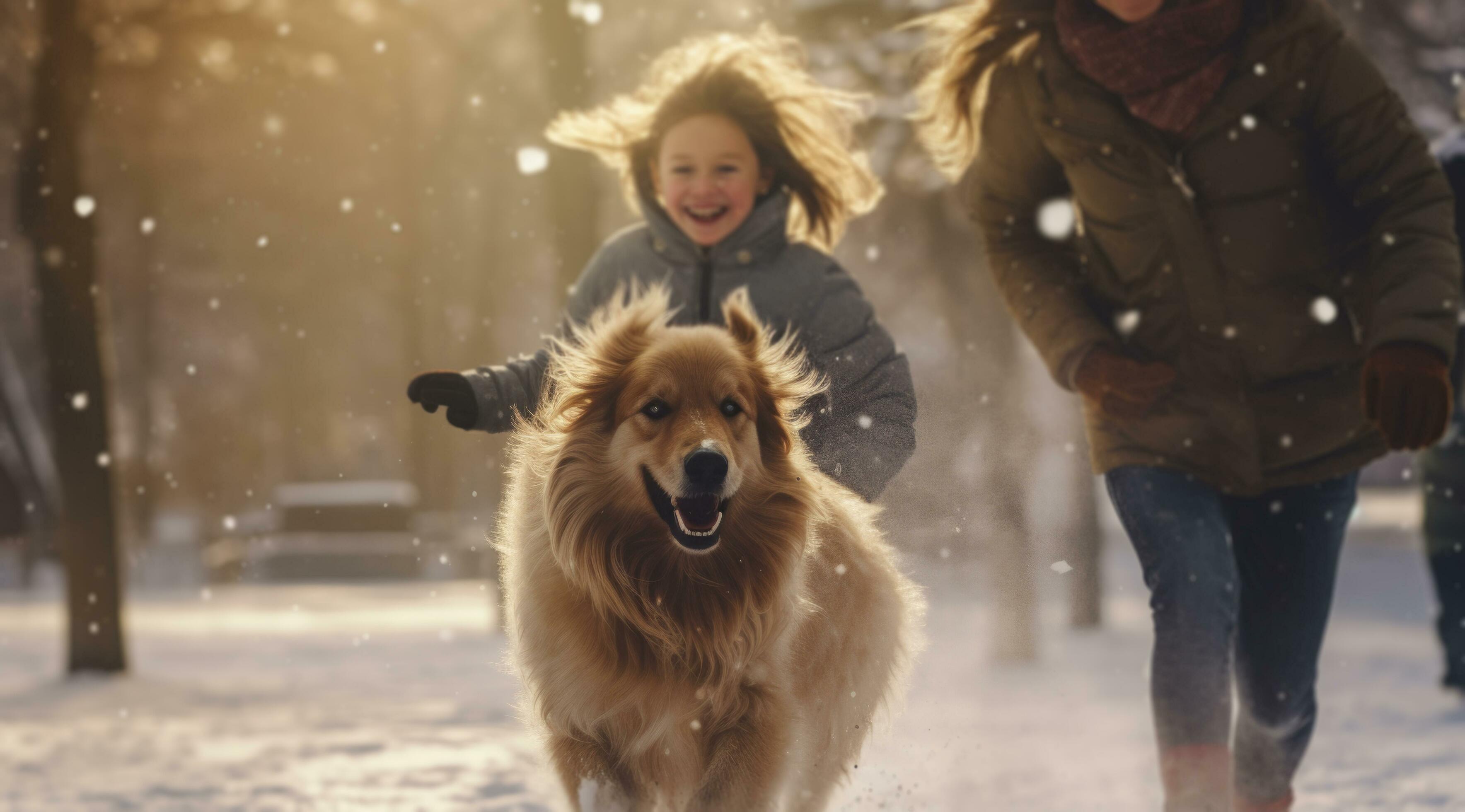 AI generated a family runs through snow with a dog Stock Free