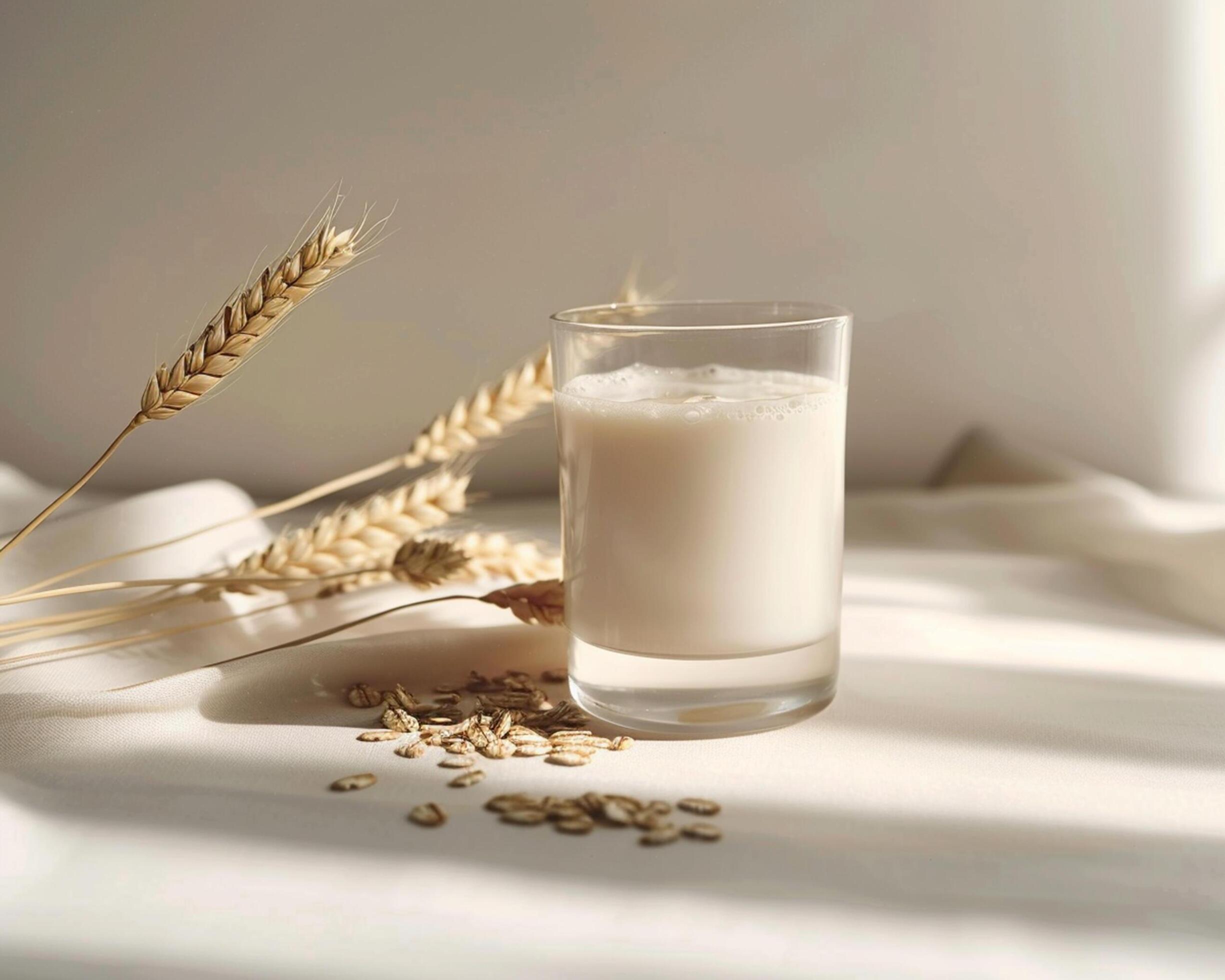 a glass of milk and oats on a table Stock Free