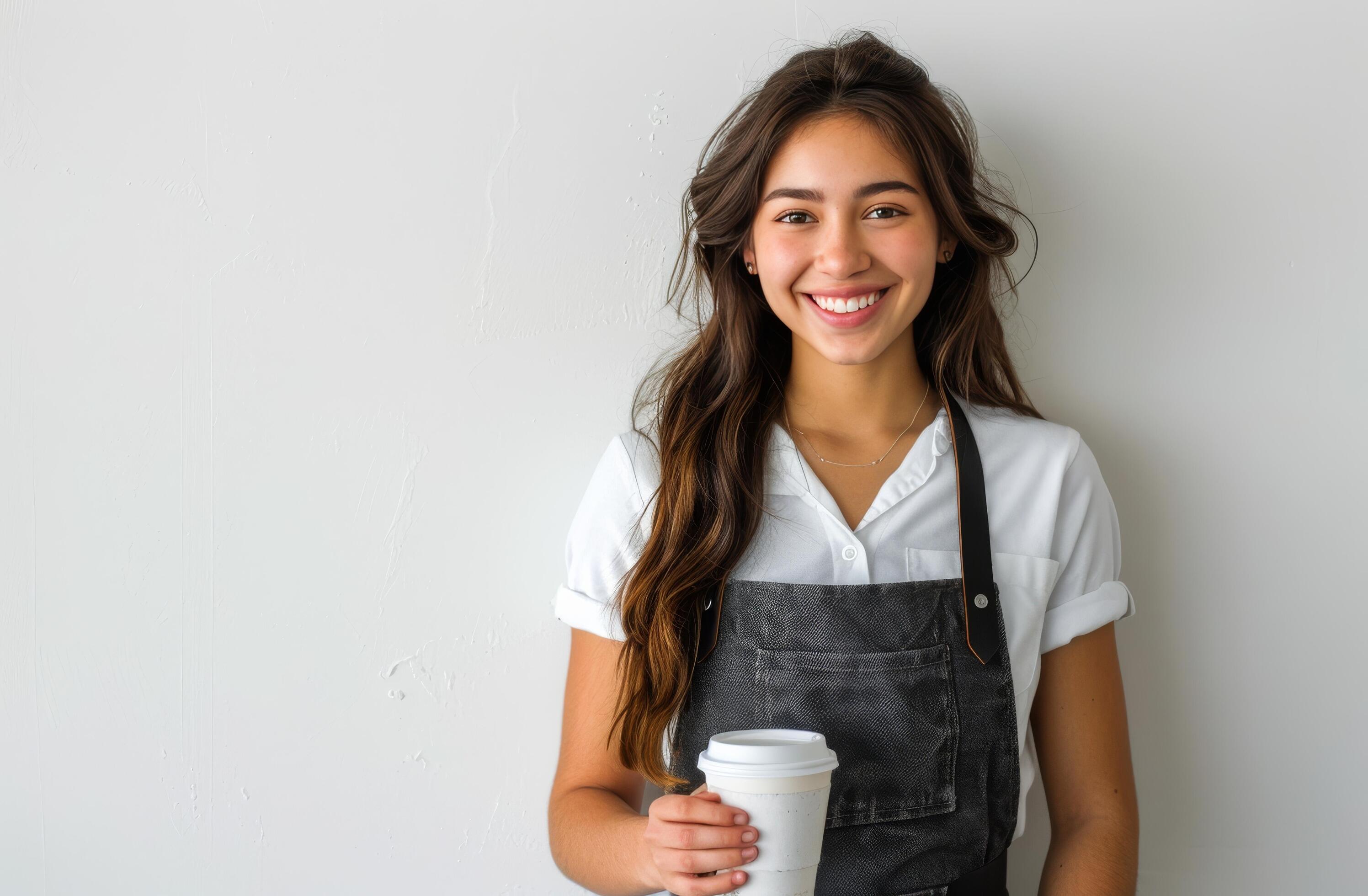 Smiling Woman Holding a Coffee Cup in a White Shirt and Black Apron Stock Free