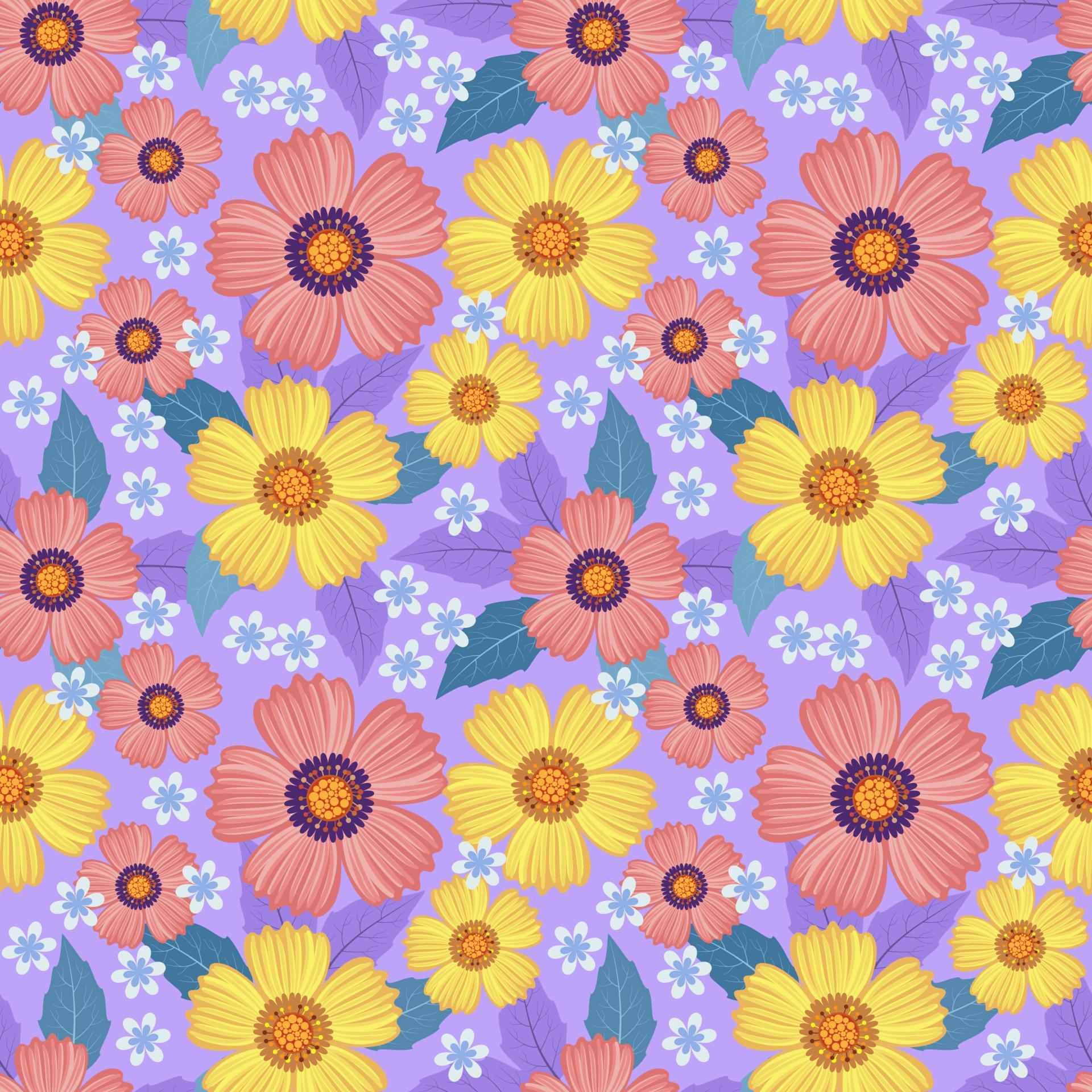 Beautiful Sweet Colourful Flowers and Leave Design On Purple Background Seamless Pattern for Fabric Textile Wallpaper. Stock Free