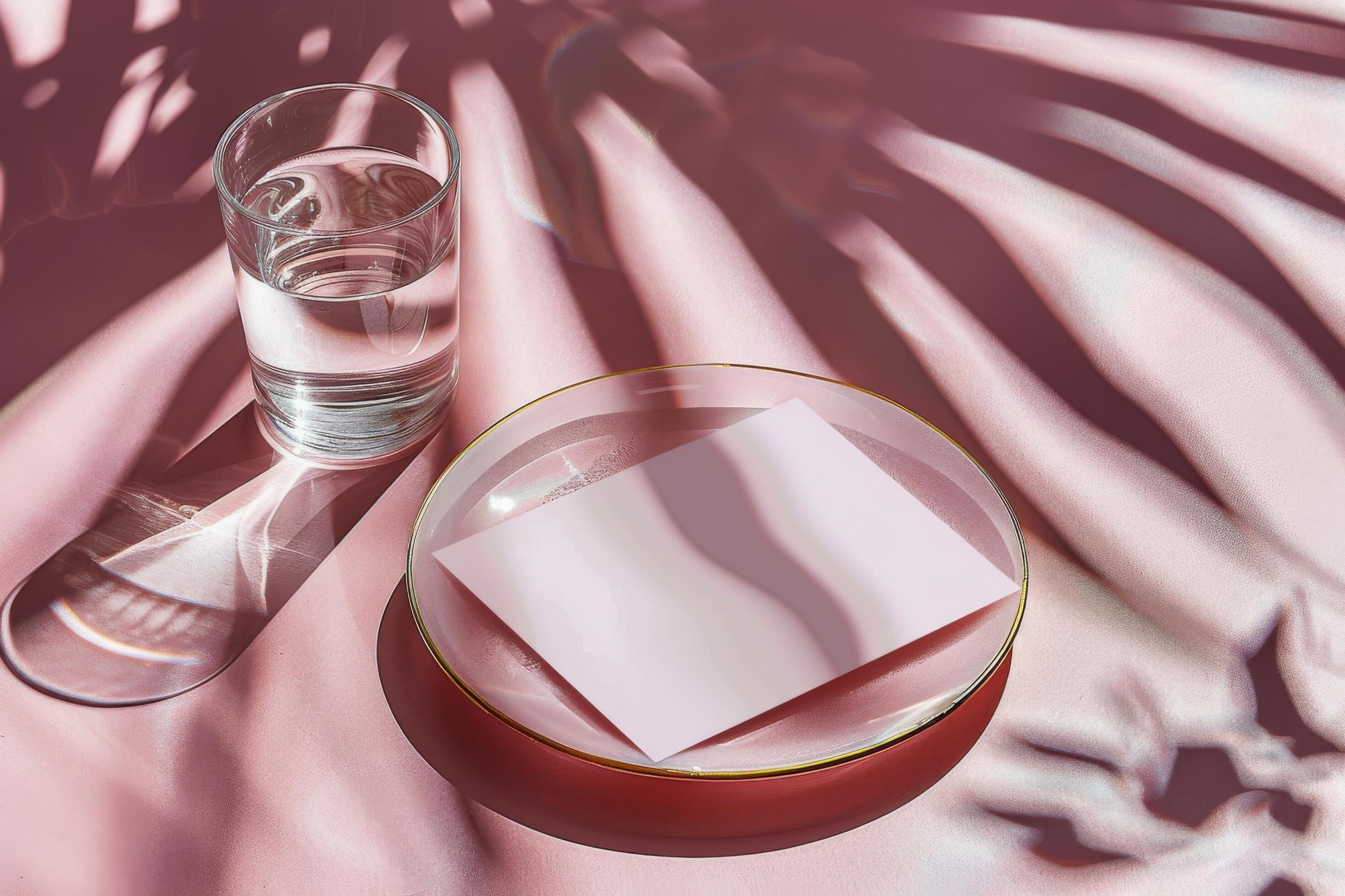 Glass of Water and White Card on Plate With Palm Leaf Shadows Stock Free