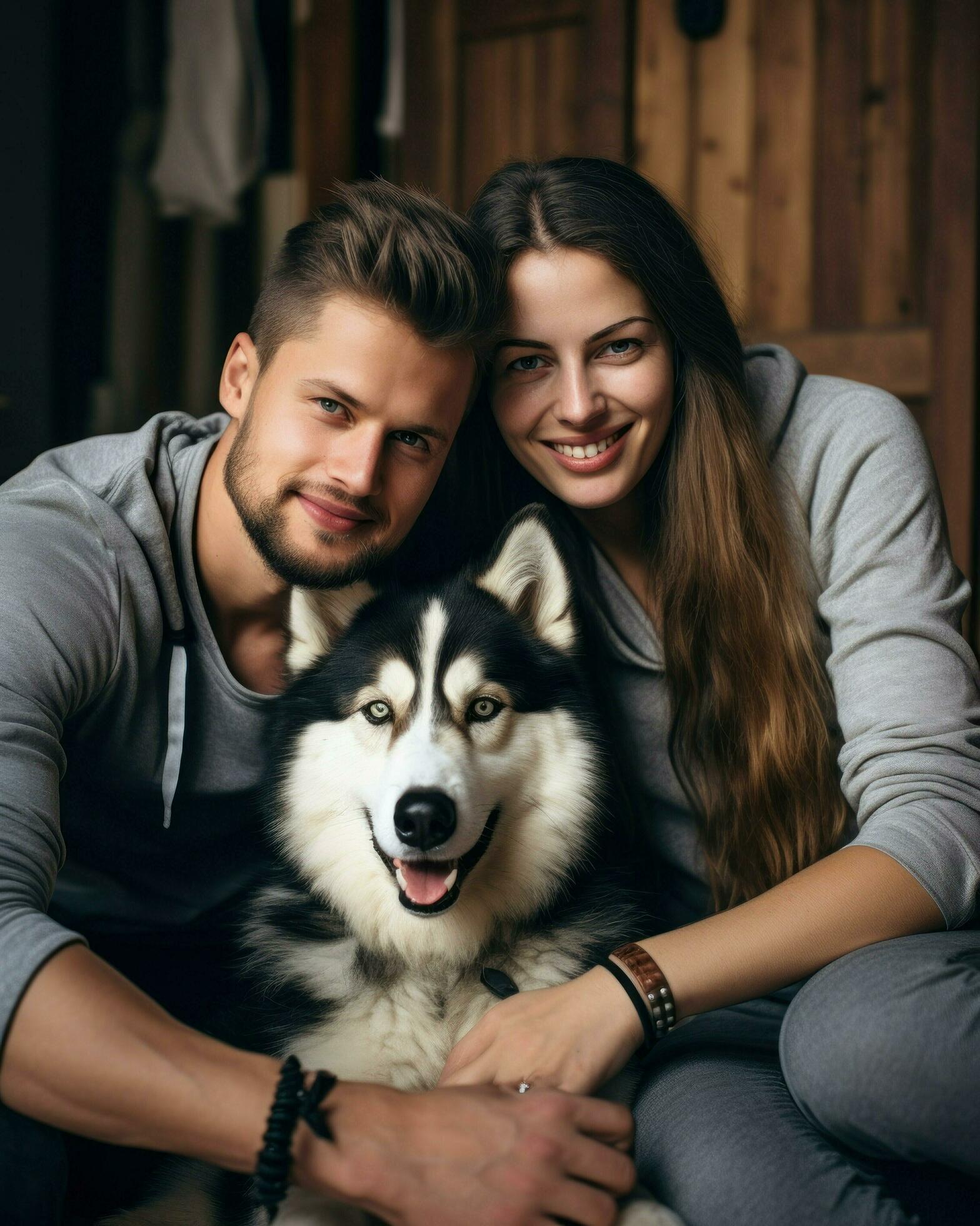 A family posing happily inside the house with their dog. Generative AI Stock Free