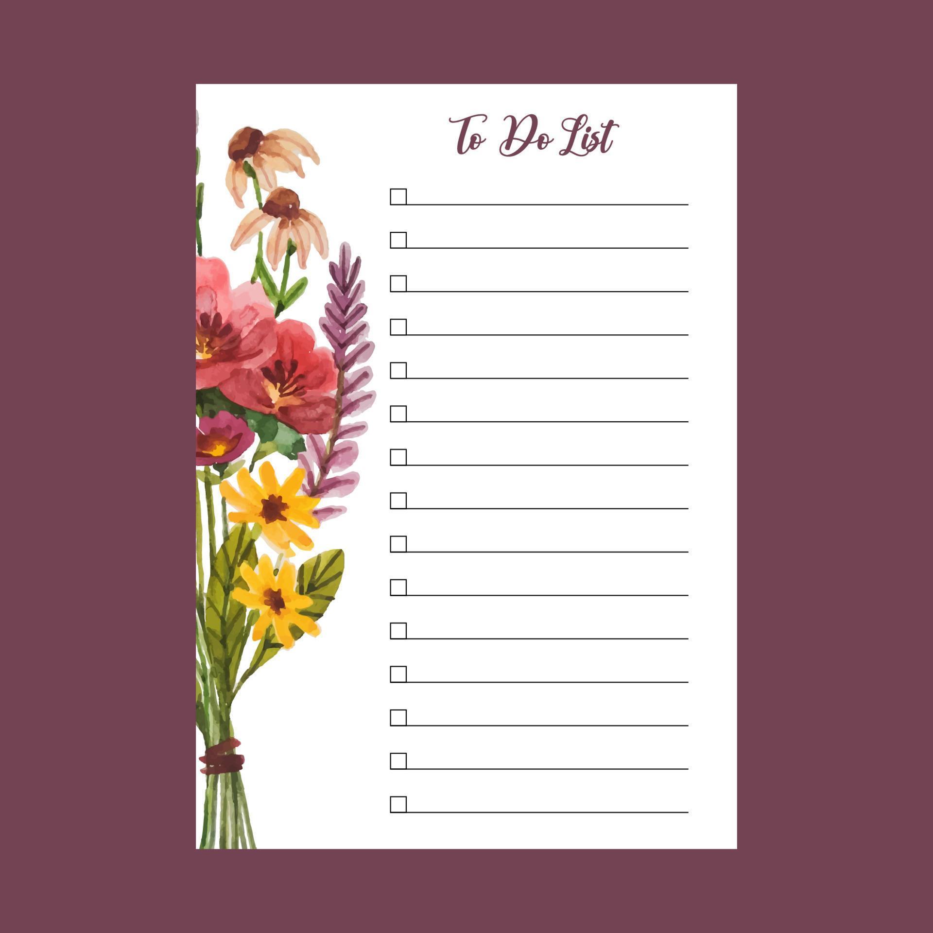 to do list template with watercolor flower illustration Stock Free