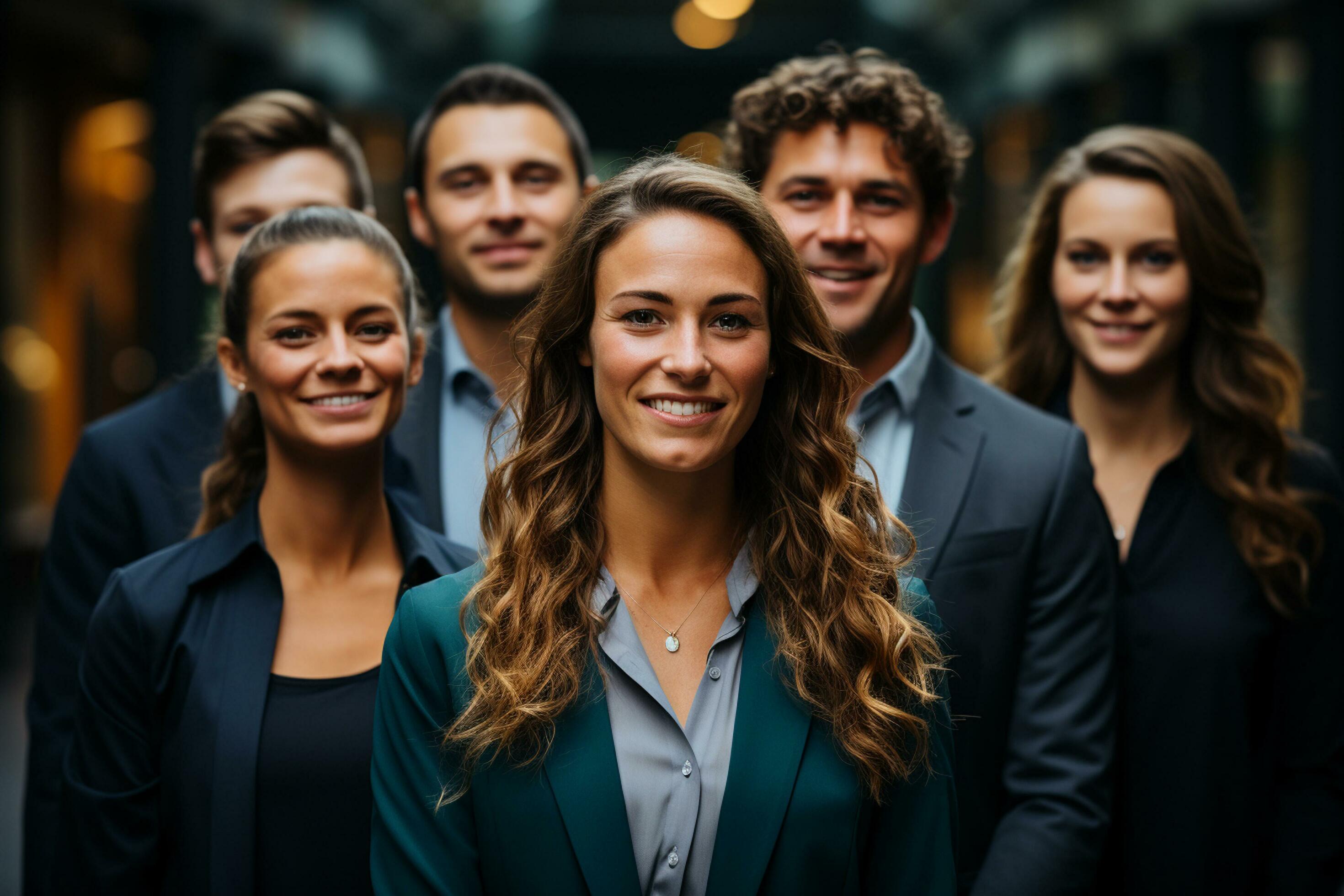 Ai Generative group of happy business man and business women, dressed in suits are smiling, in the office Stock Free