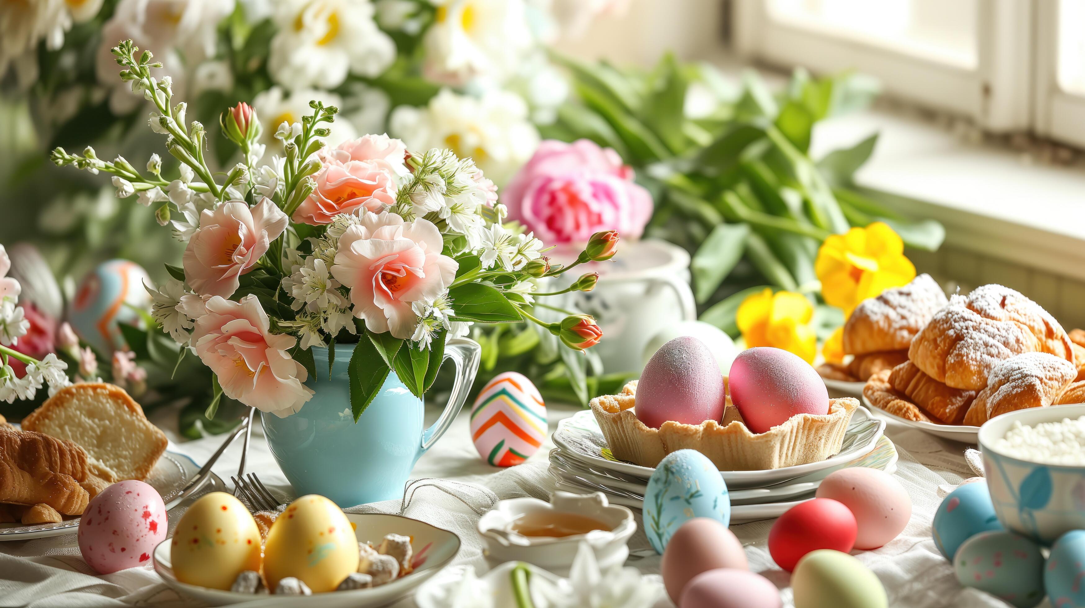 beautifully decorated Easter table with colorful eggs, fresh flowers, and delicate pastries Stock Free