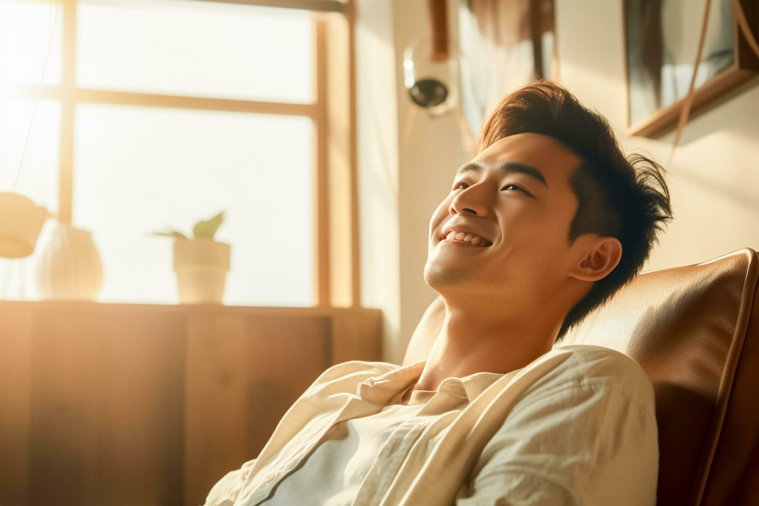 photo handsome young asian man relaxing on sofa in living room.AI Generated Free Photo