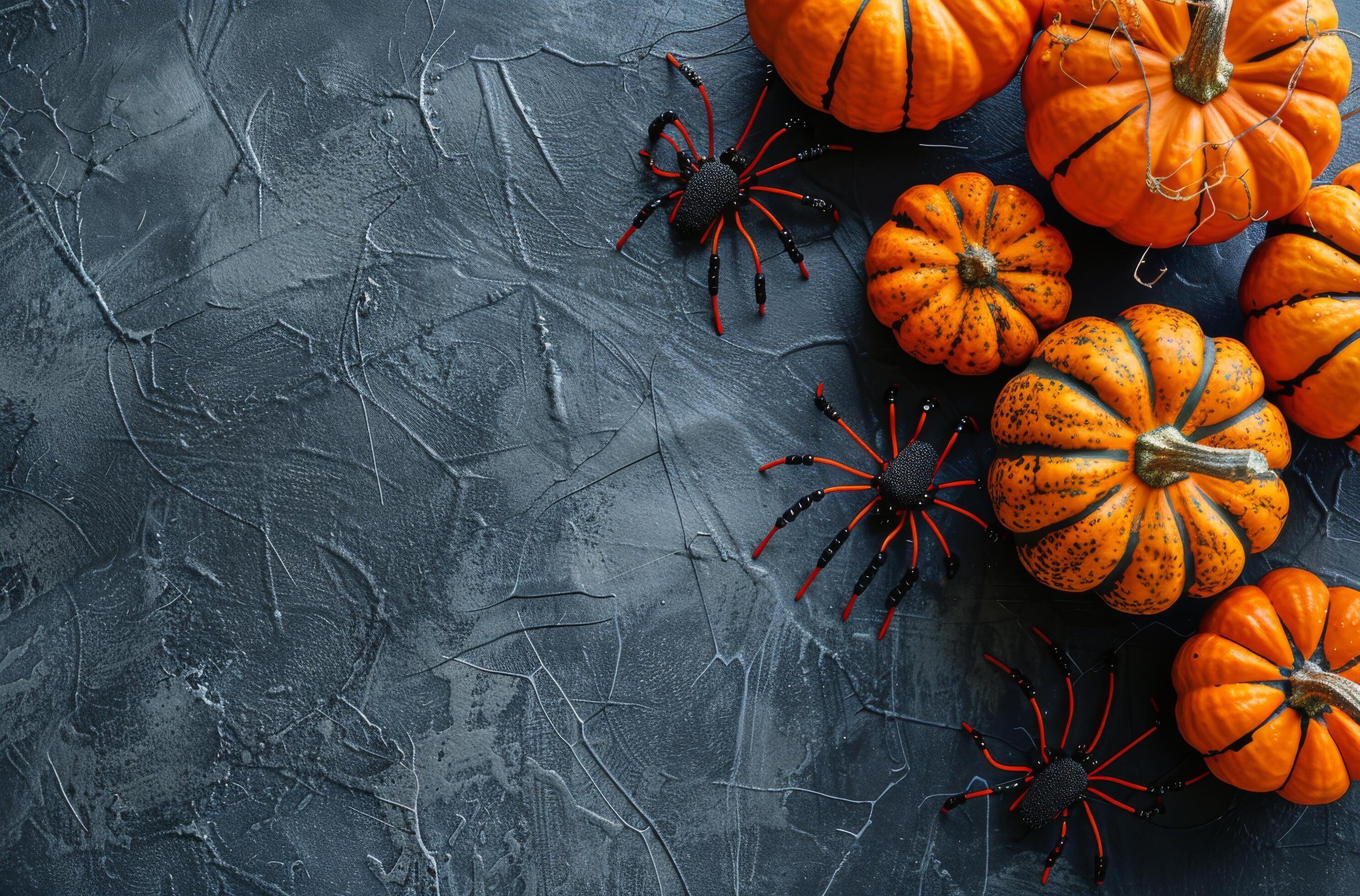 Orange Pumpkins, Fall Leaves, and Spiders on a Dark Gray Background Stock Free