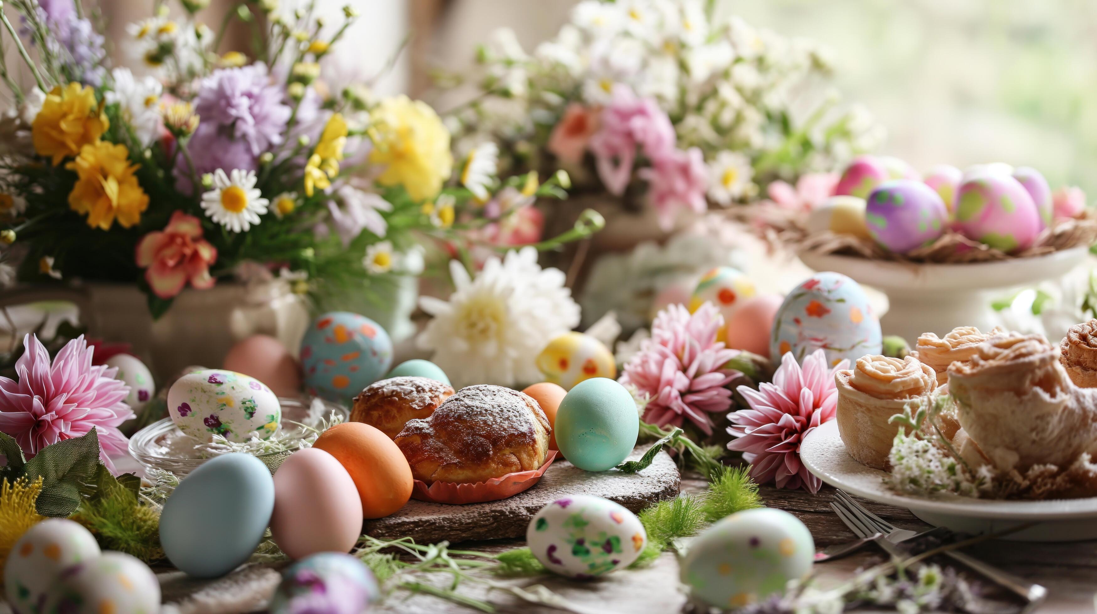 
									beautifully decorated Easter table with colorful eggs, fresh flowers, and delicate pastries Stock Free