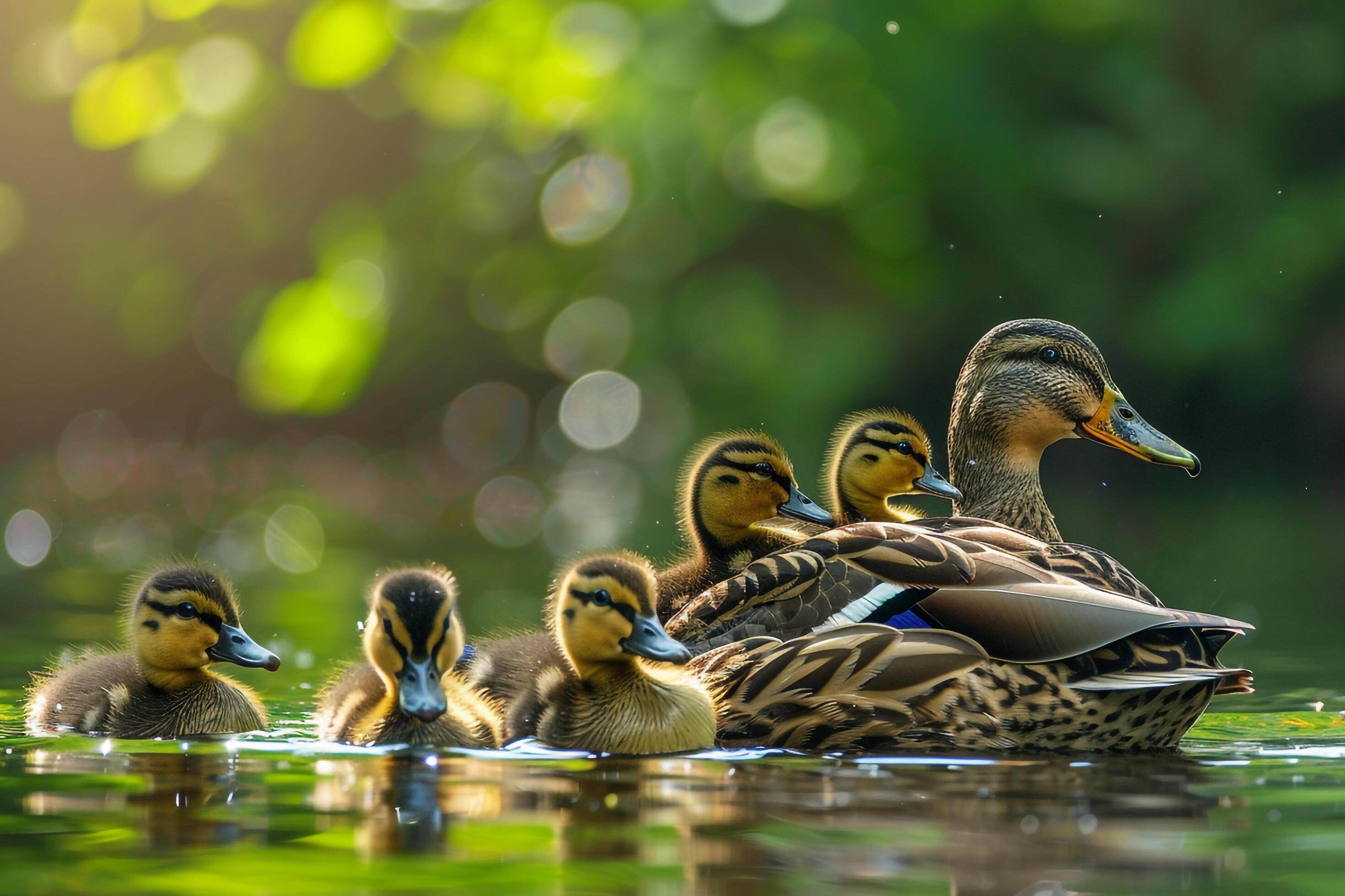 family of ducks swimming peacefully in a tranquil pond nature background Stock Free