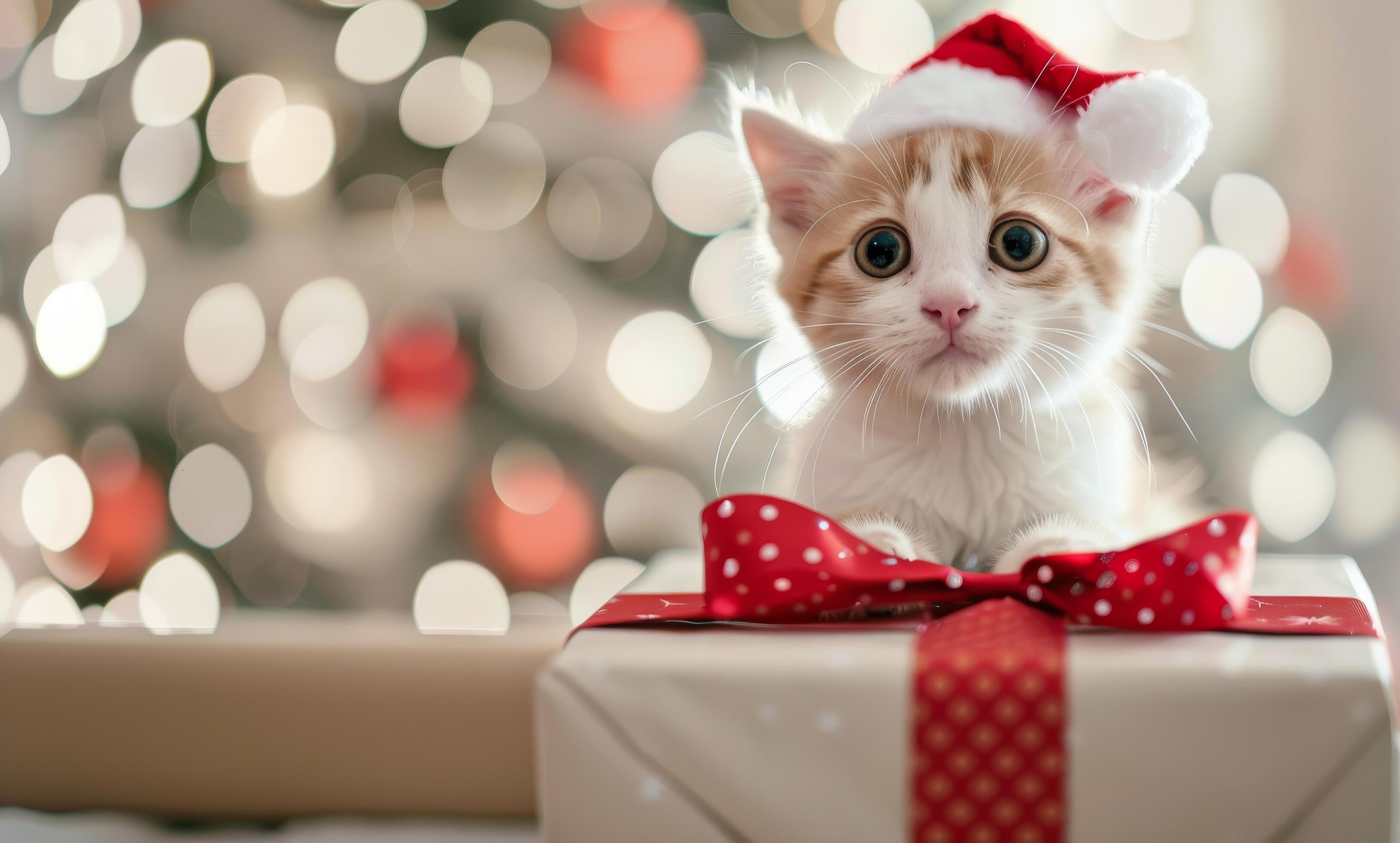 Adorable Kitten in Santa Hat Sitting on Gift With Holiday Lights Background Stock Free