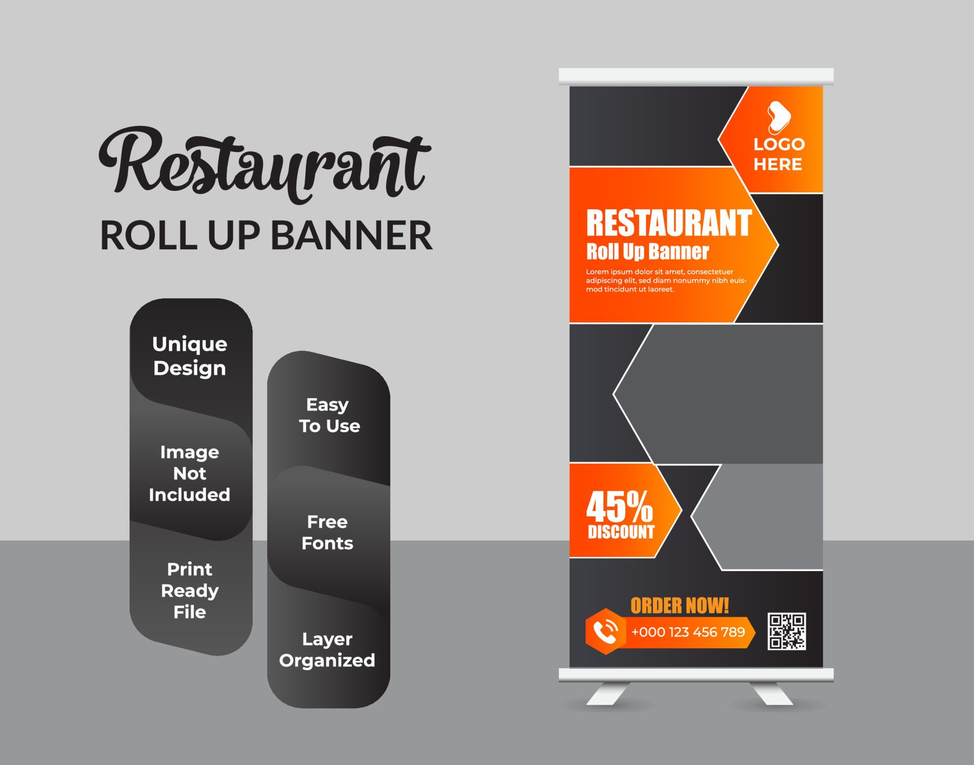 Modern food roll up banner design template Free Vector