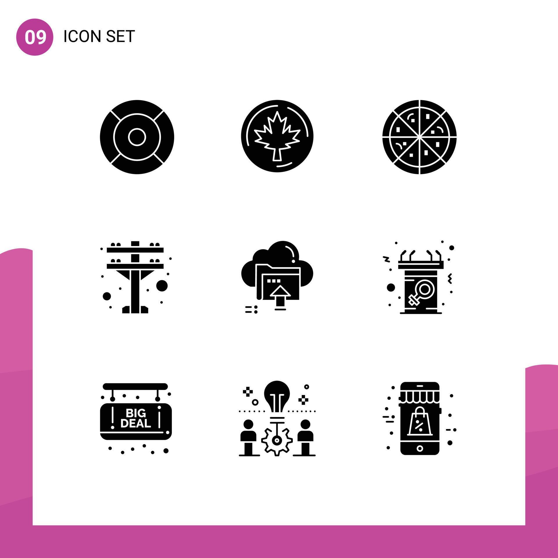 User Interface Pack of 9 Basic Solid Glyphs of cloud arrow maple upload electric tower Editable Vector Design Elements Stock Free