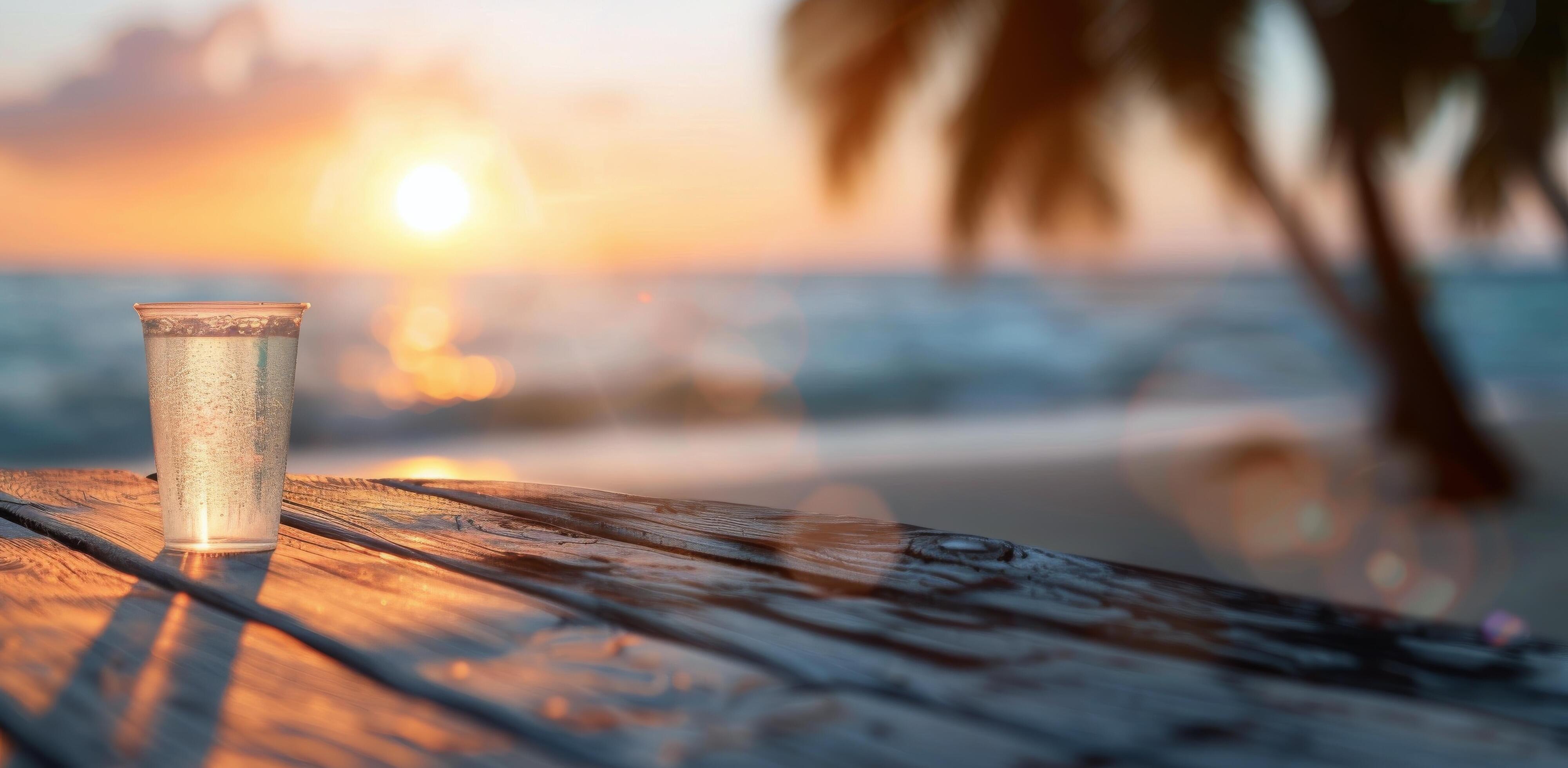 Refreshing Drink at Sunset on the Beach With Palm Trees in the Background Stock Free