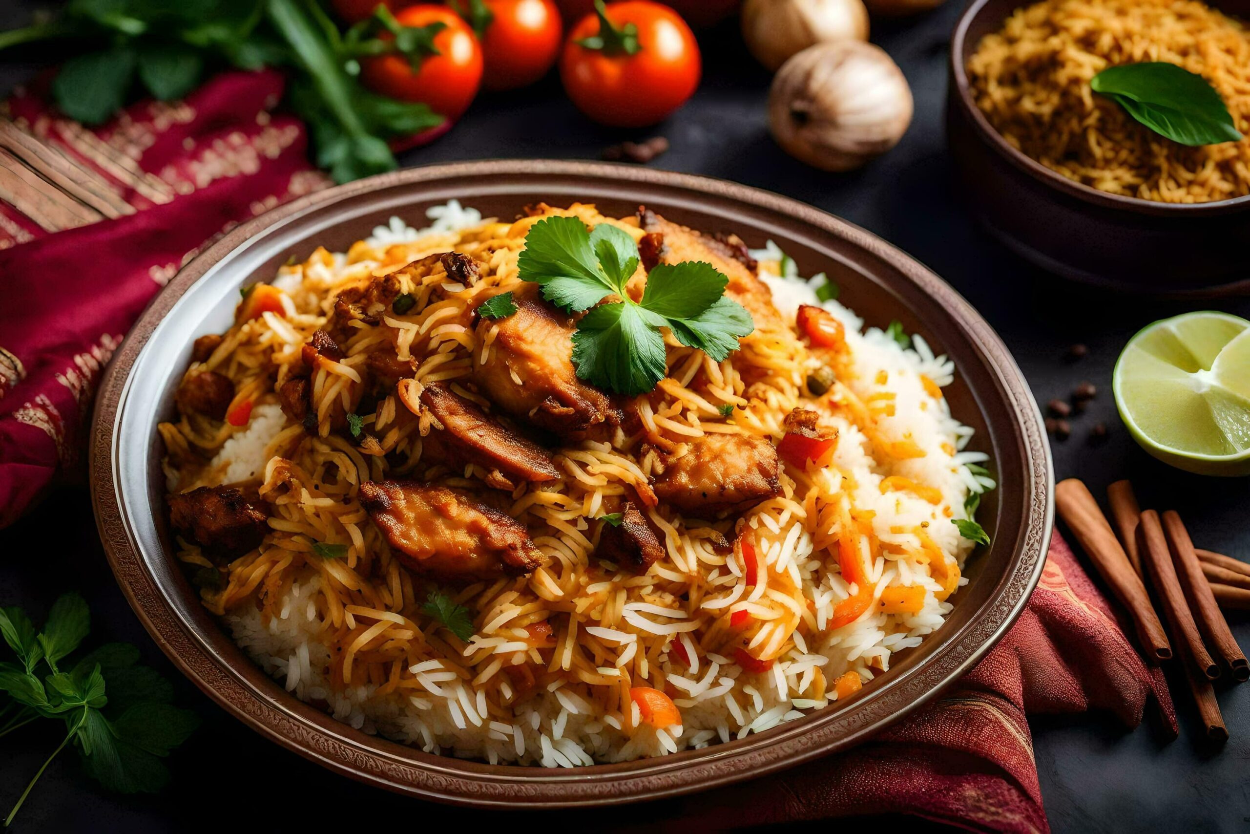 indian chicken biryani with rice and vegetables Free Photo