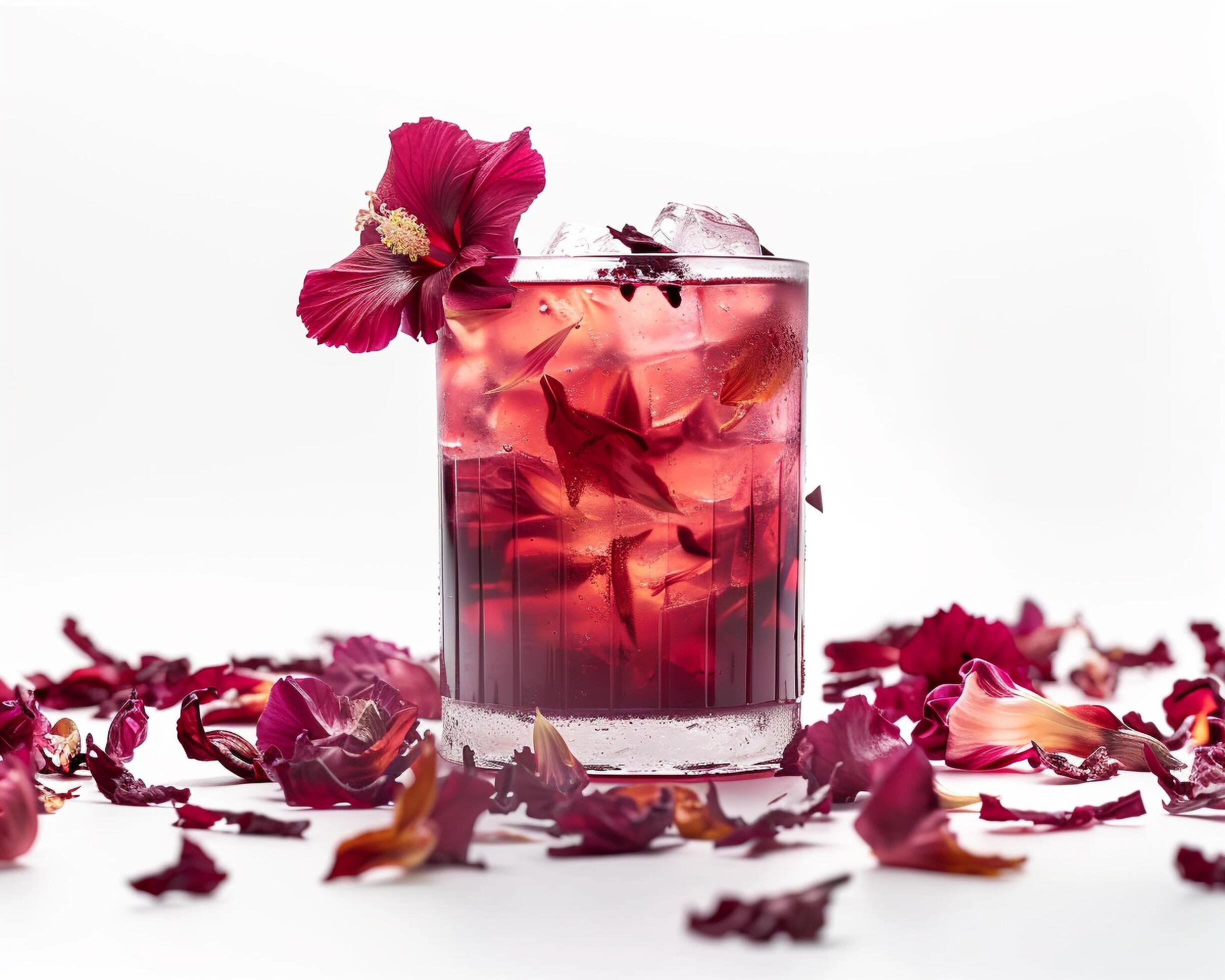 a glass of red drink with flowers on the side Stock Free