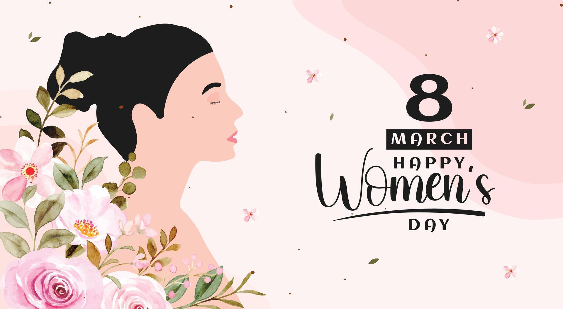 8 march womens day greeting card design with young woman illustration and flower Stock Free