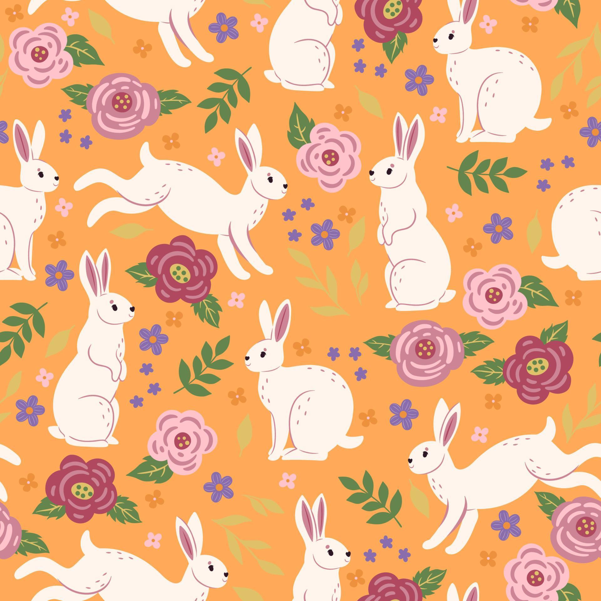 Seamless pattern with cute rabbits and flowers. Vector graphics. Stock Free