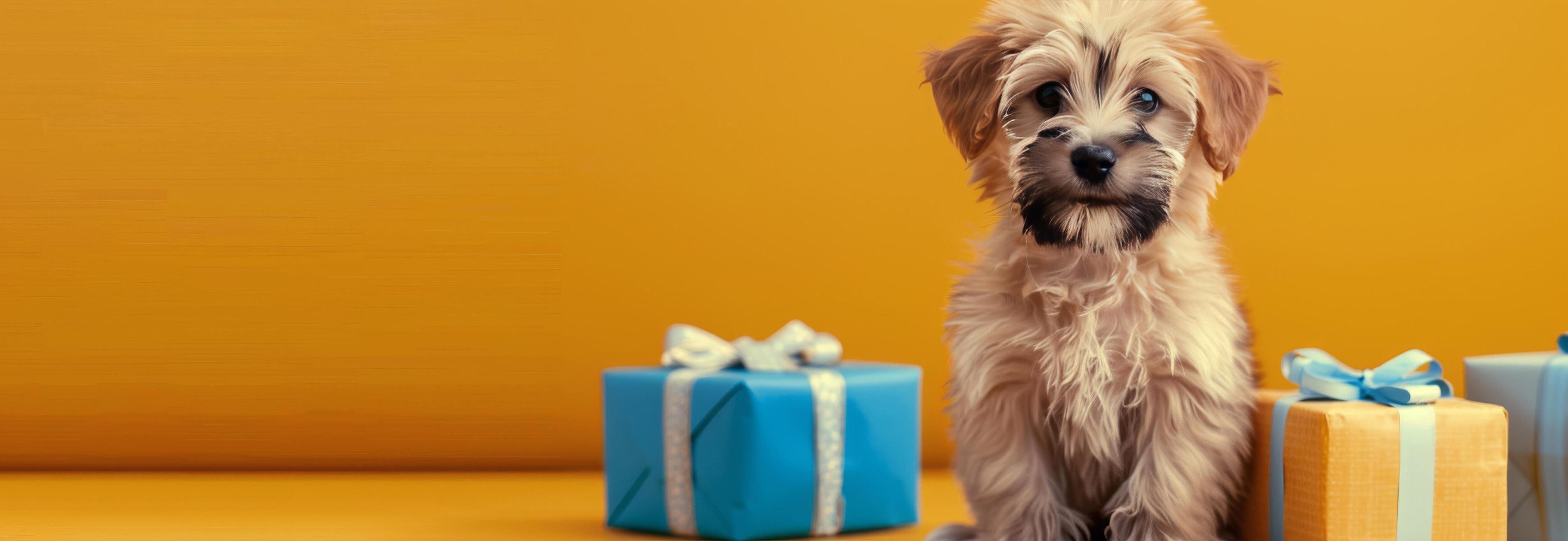 Adorable Puppy Surrounded by Colorful Gift Boxes on Bright Yellow Background Stock Free