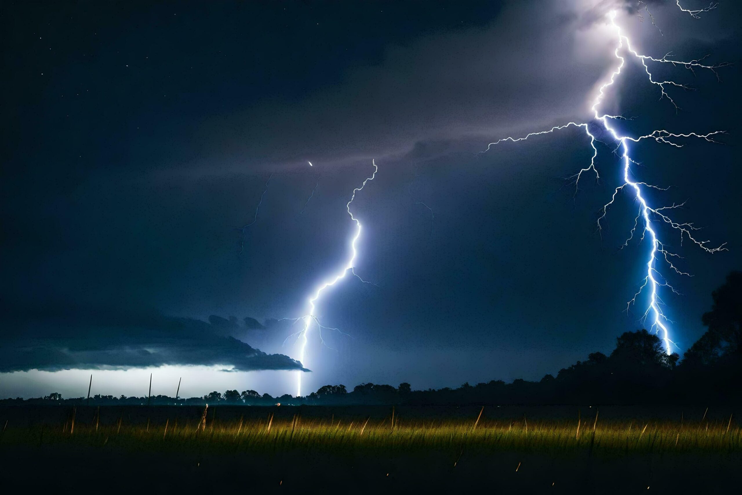 lightning strikes over a field at night Free Photo