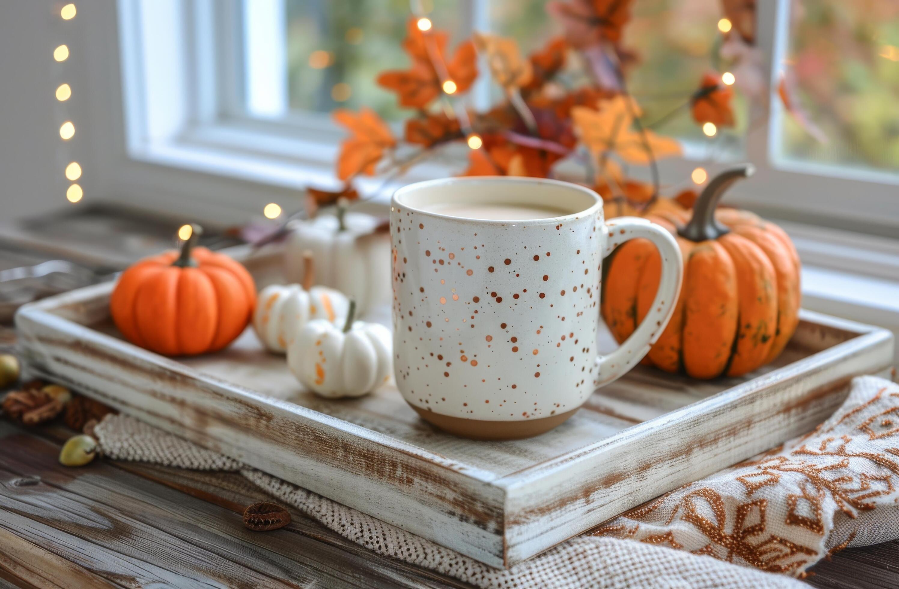 Cozy Autumn Afternoon With A Cup Of Tea And Pumpkins Stock Free