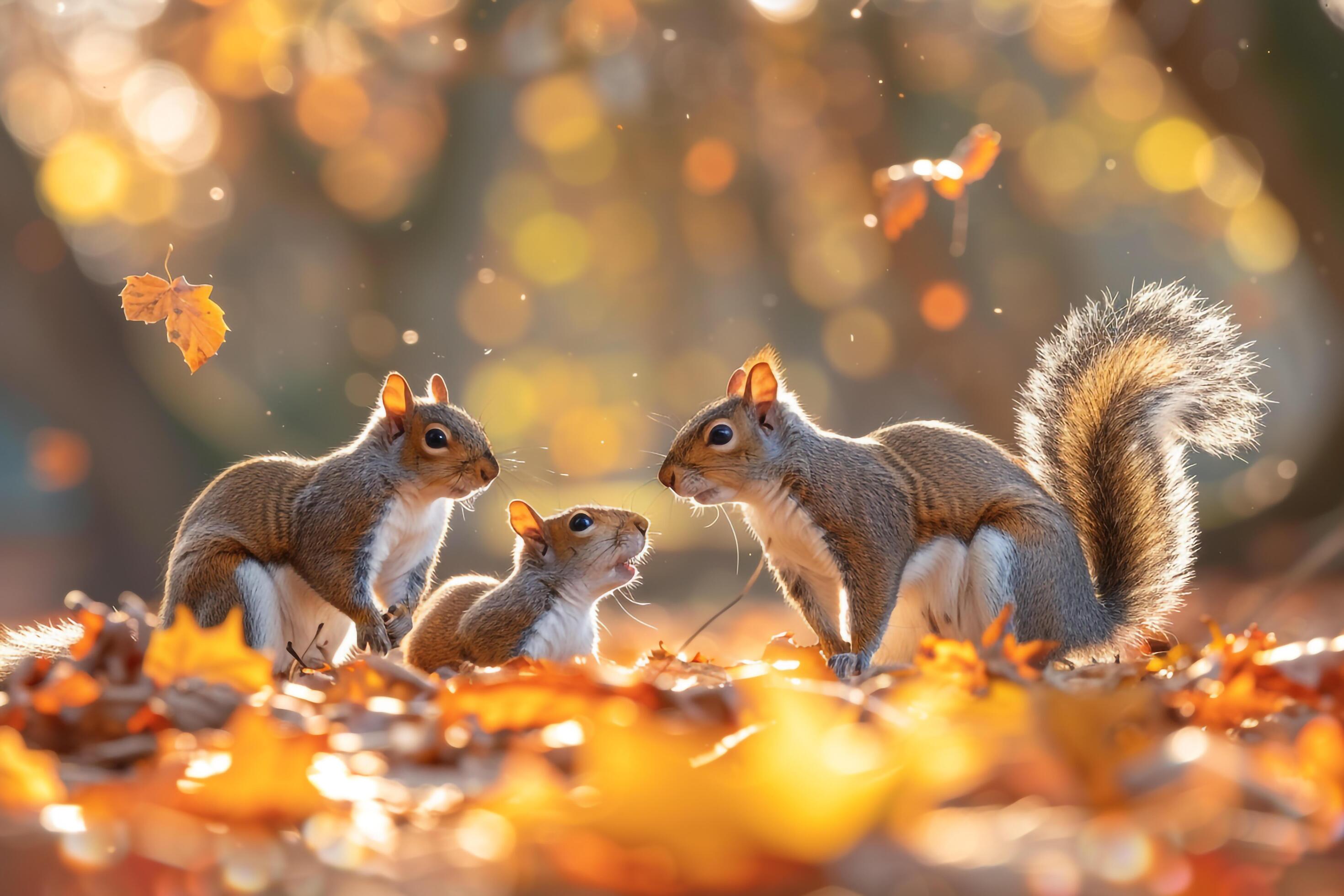 Family of Squirrels Playfully Chasing Each Other Among Sun Dappled Autumn Leaves Nature Background Stock Free