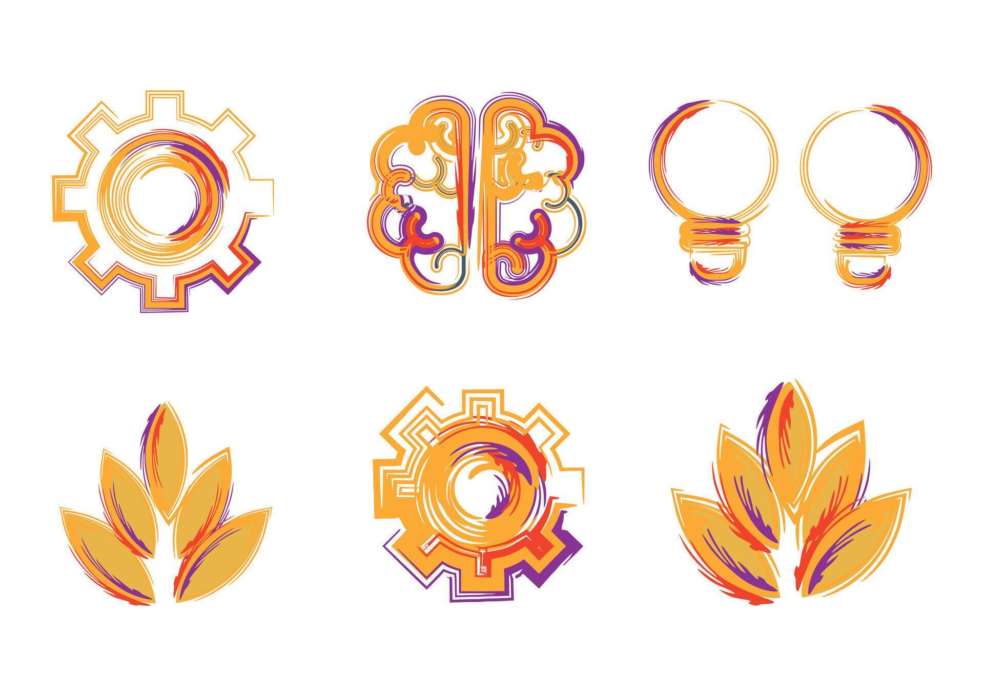 Set Of Autism Awareness Logo Design Elements Of Gear, Brain, Bulbs, And Flowers Stock Free