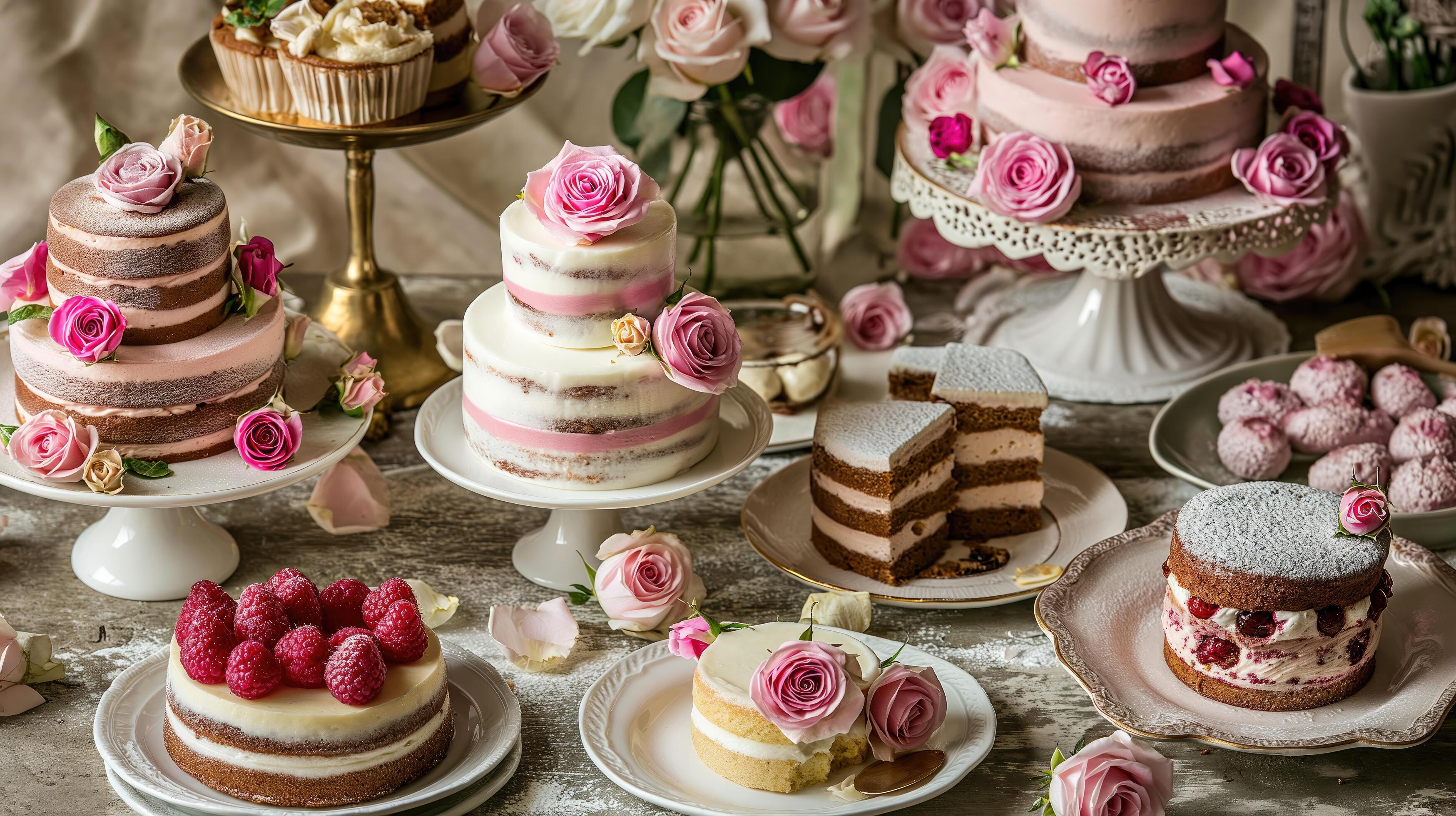 valentine’s day dessert table set to serve various cakes and desserts with roses and flowers Stock Free