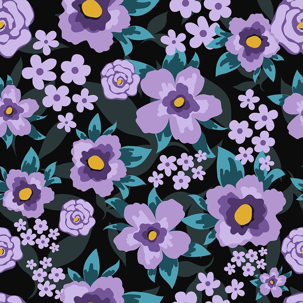 Floral Pattern with Flat Purple Flowers and Leaves Stock Free