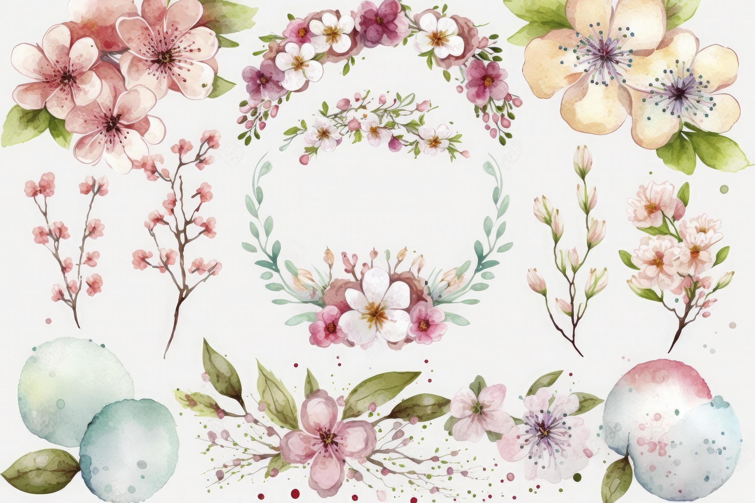 decoration Spring flower set Watercolor cherry background Stock Free