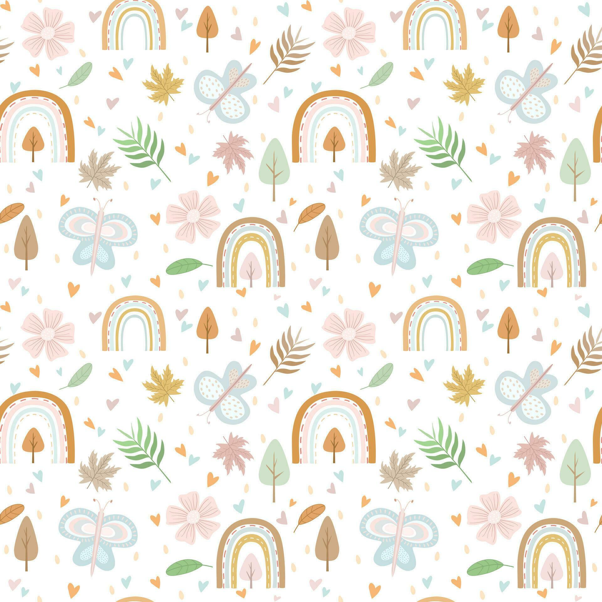 Vector – Abstract seamless pattern of rainbow, leaves, butterfly, tree, flower on white background. Autumn, Fall concept. Stock Free and Free SVG