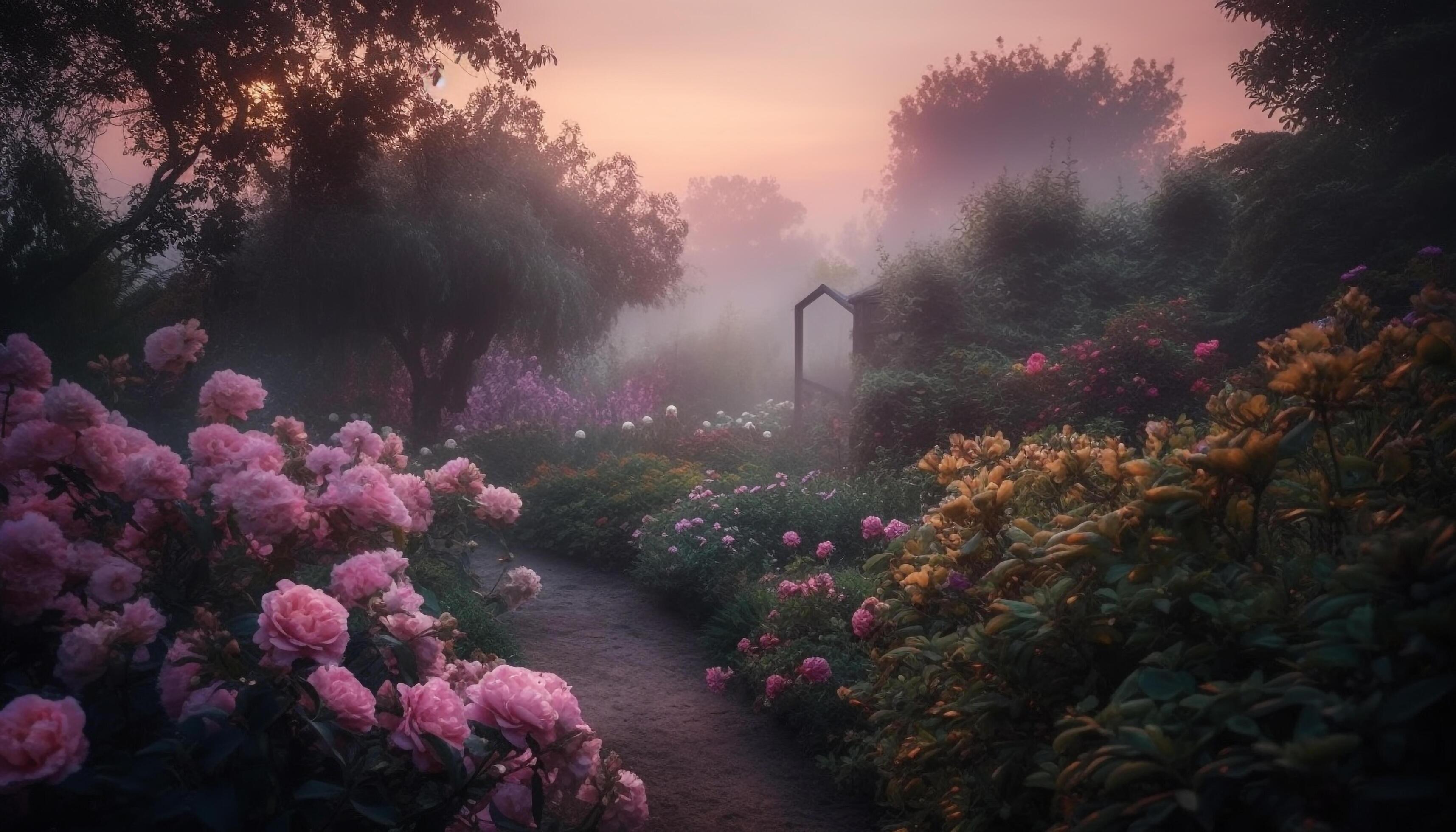 Purple and pink flowers blossom in meadow generated by AI Stock Free