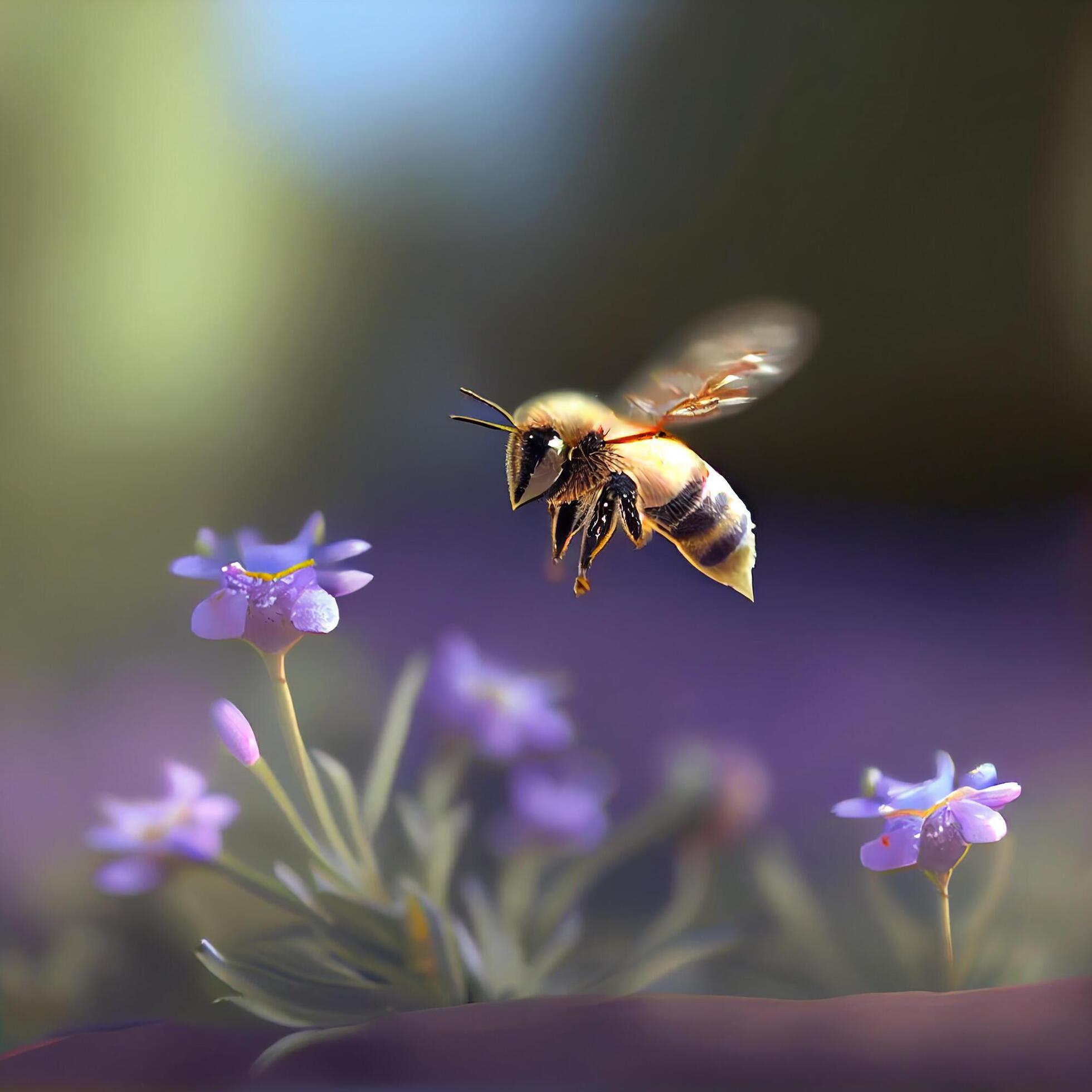 Honey bee fly in the garden with flower and nectar Stock Free