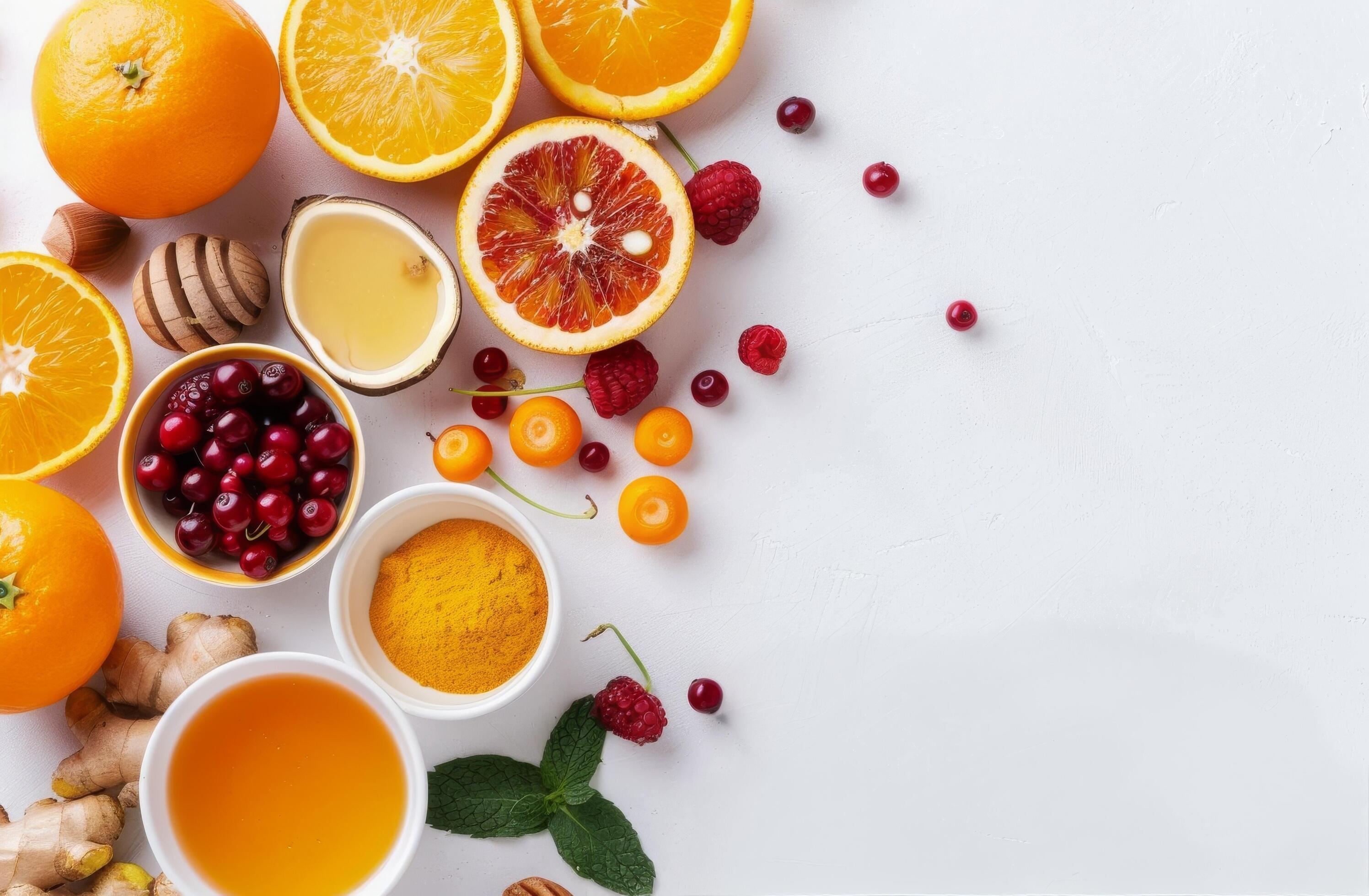 Citrus Fruits, Berries, and Honey on White Background Stock Free