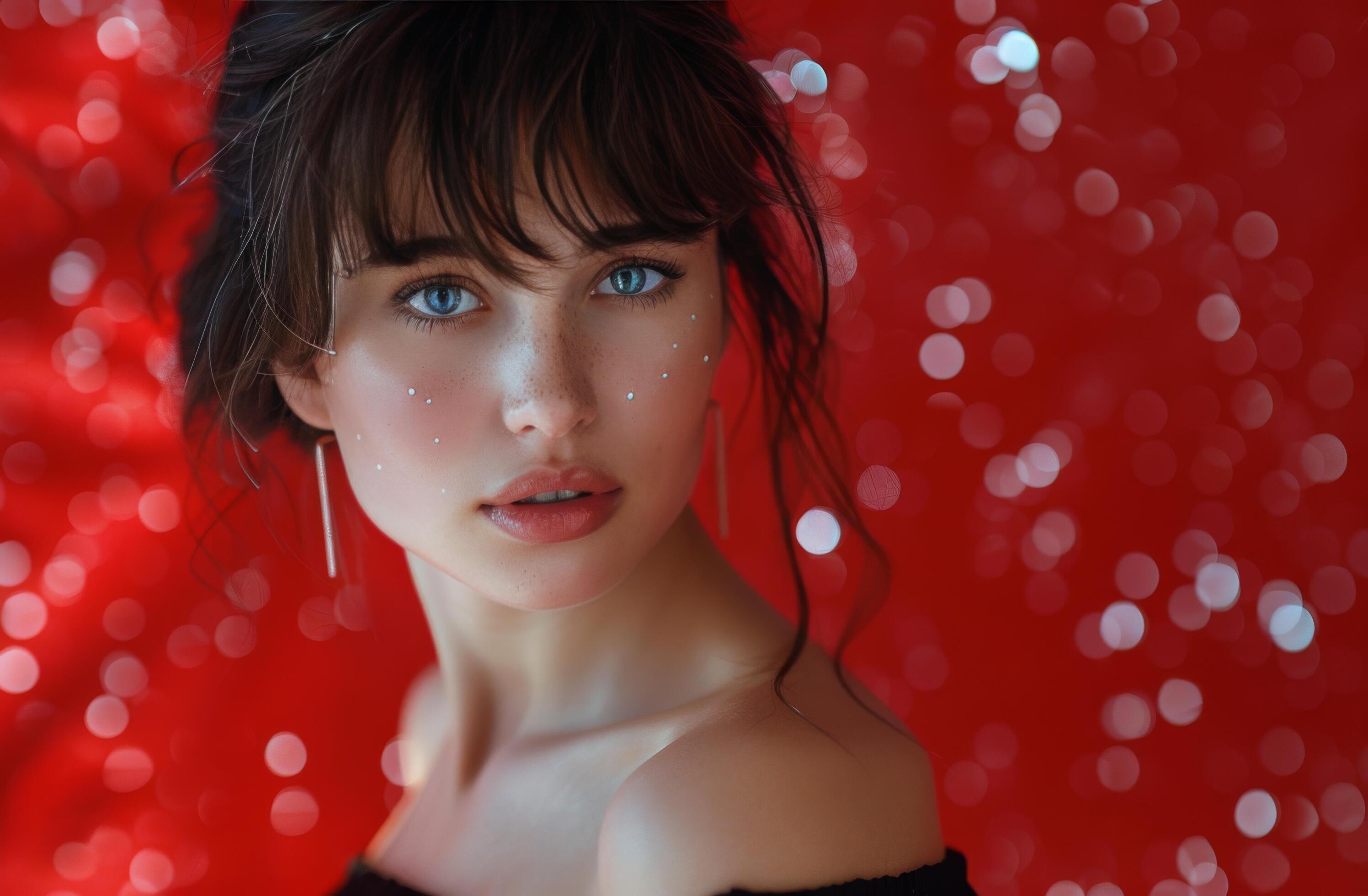 Young Woman With Blue Eyes Looking Over Shoulder Against Red Bokeh Background Stock Free