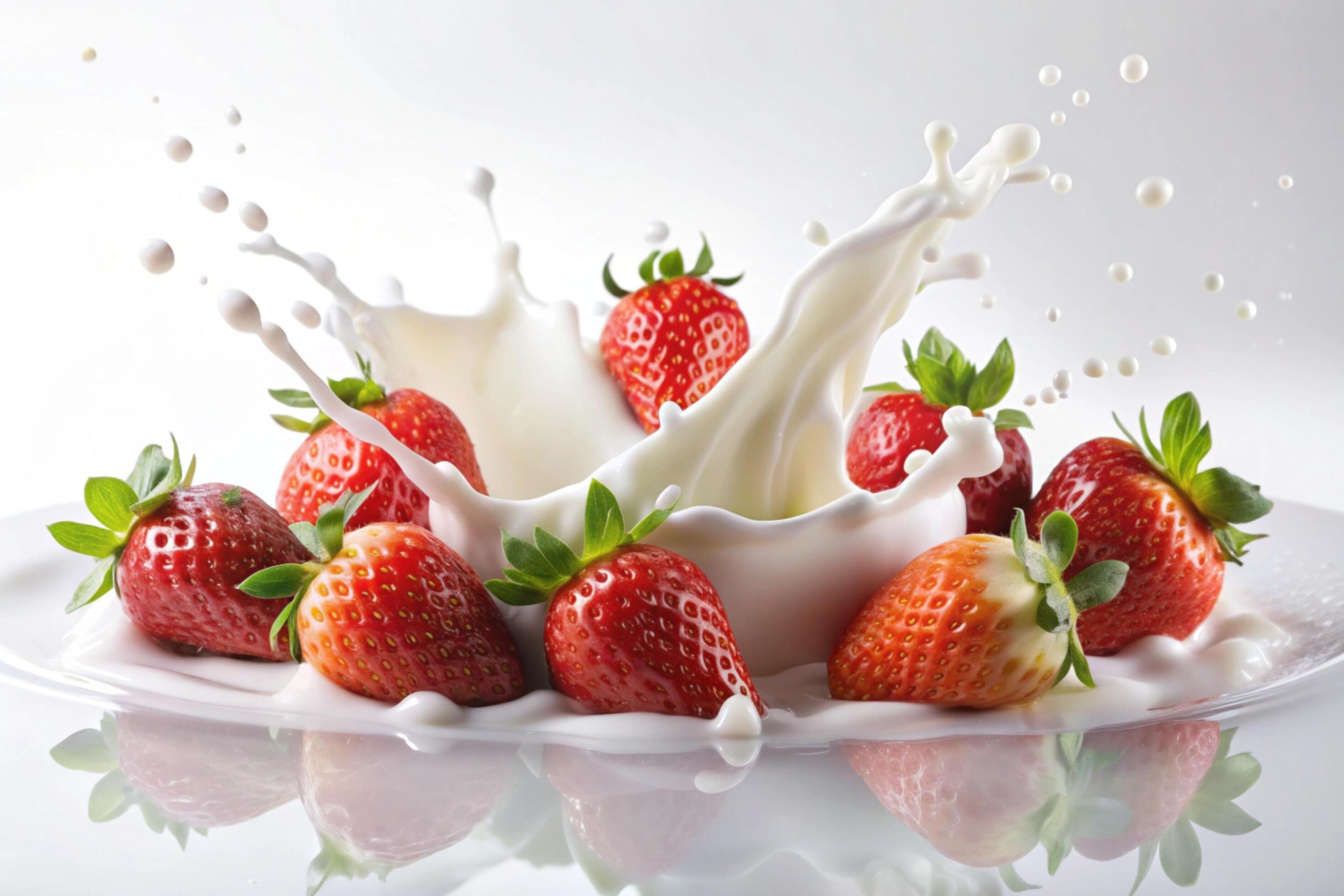 Milk splashes with strawberry on white background Stock Free